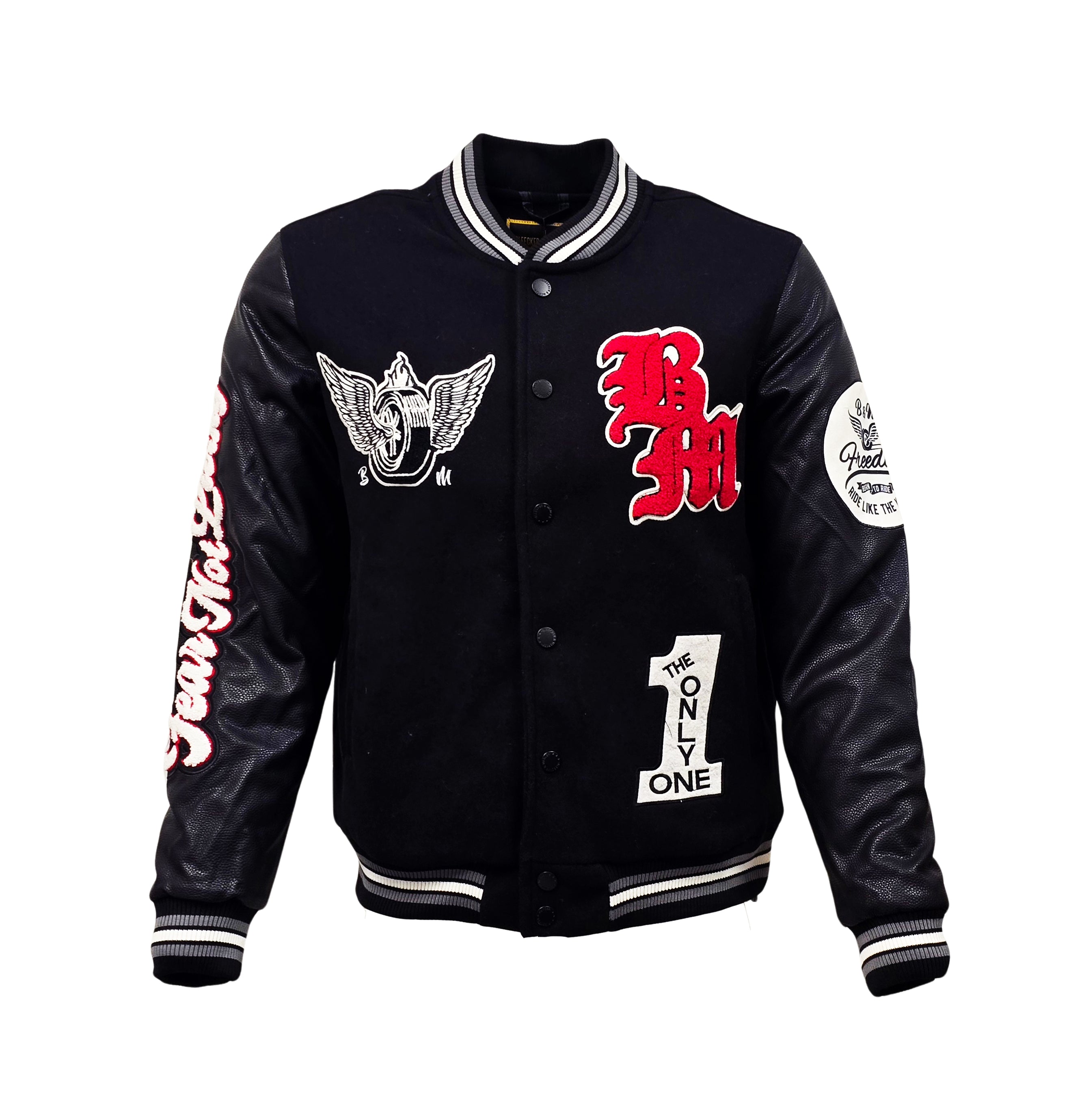 BLEECKER & MERCER MEN'S MIXED FABRIC EMBROIDERED VARSITY JACKET W/ PATCHES (BLACK)