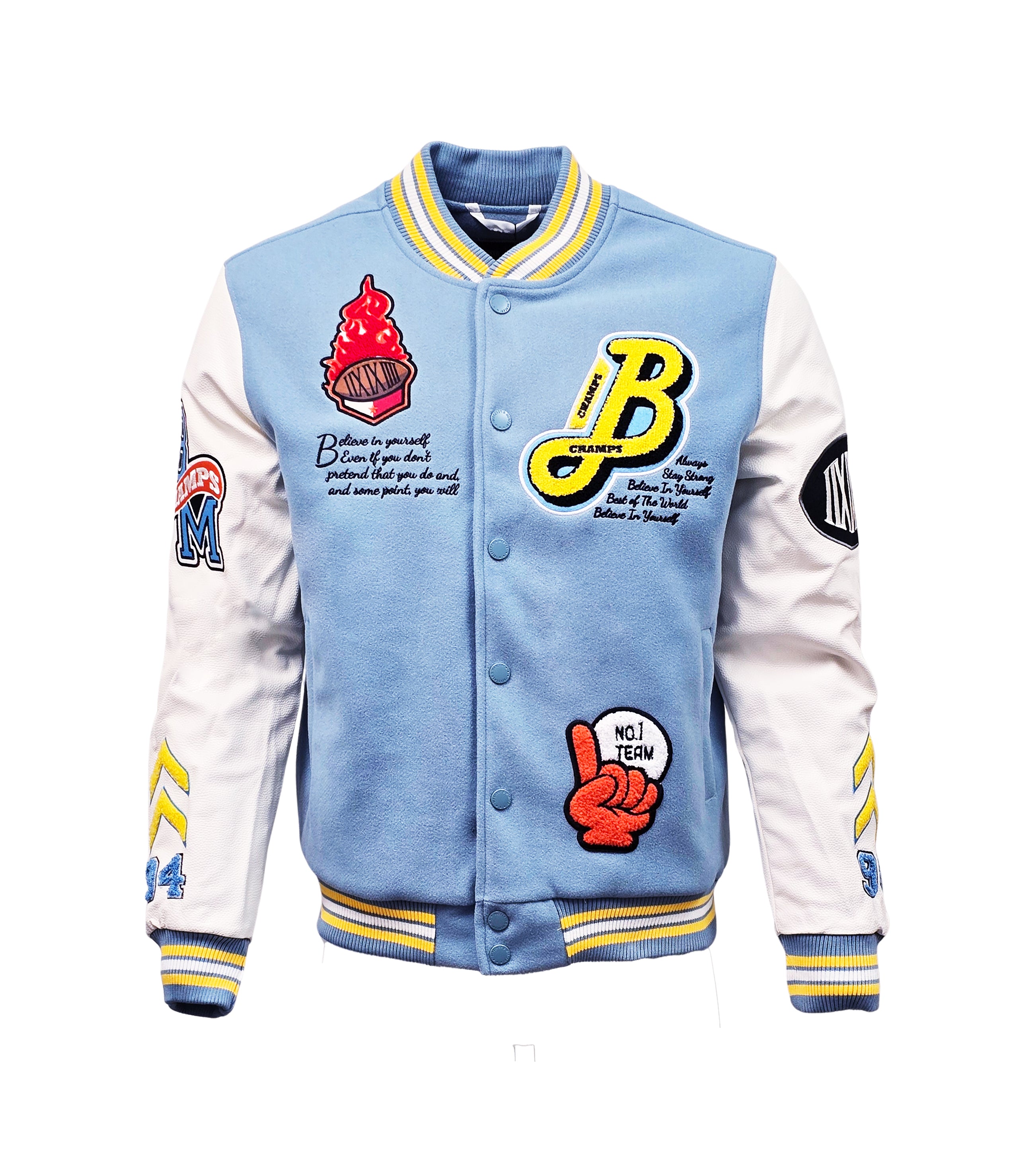 BLEECKER & MERCER MEN'S MIXED FABRIC EMBROIDERED VARSITY JACKET W/ PATCHES (SKY BLUE)