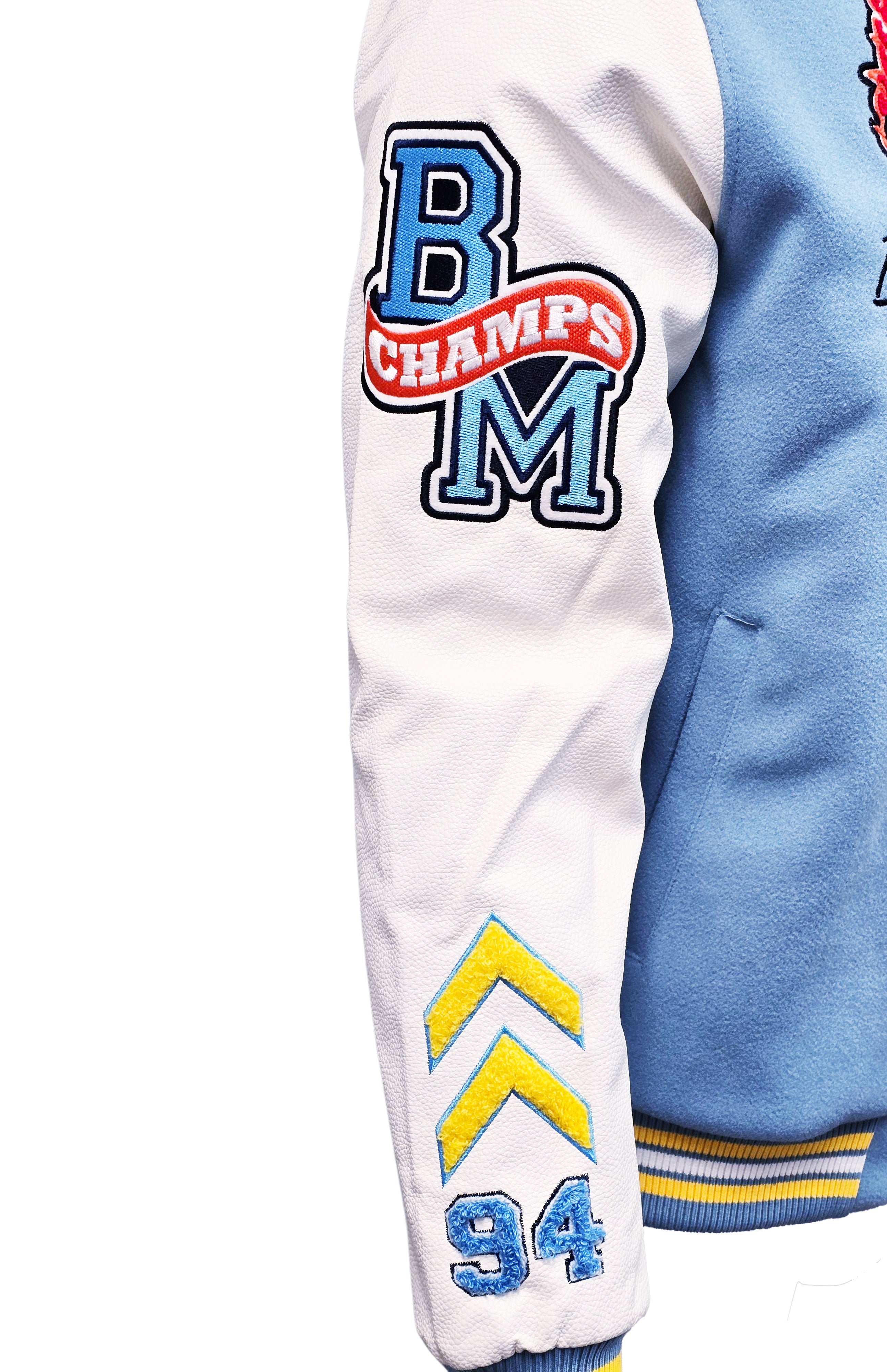 BLEECKER & MERCER MEN'S MIXED FABRIC EMBROIDERED VARSITY JACKET W/ PATCHES (SKY BLUE)