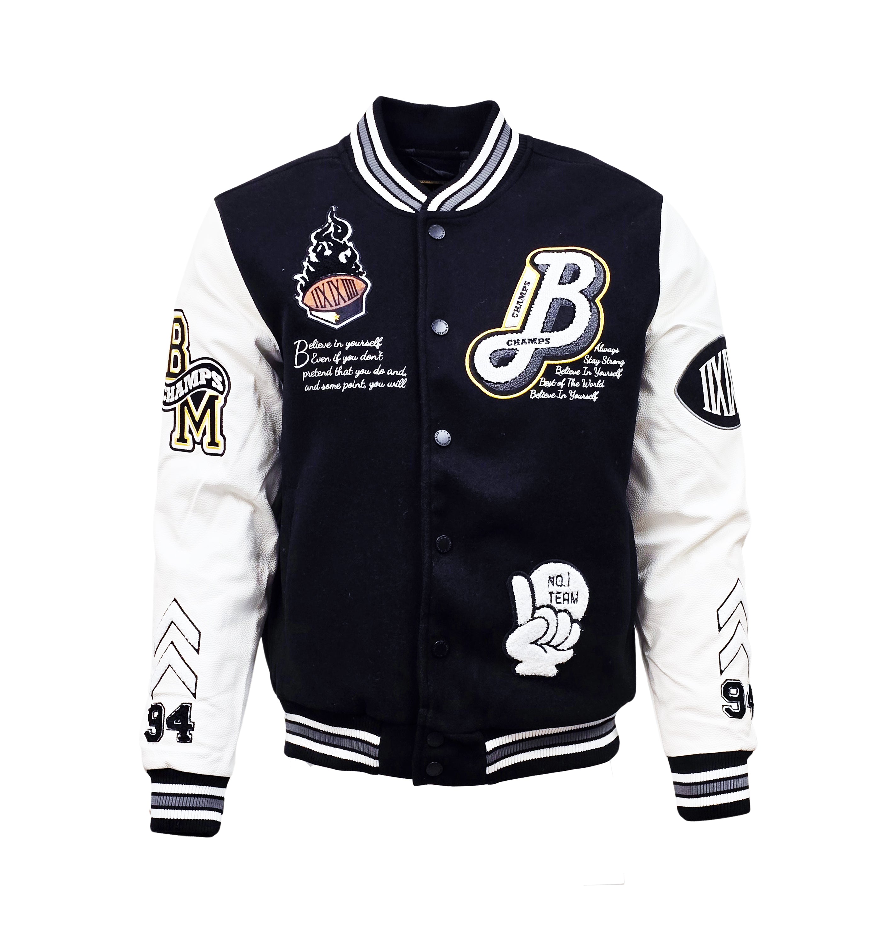 BLEECKER & MERCER MEN'S MIXED FABRIC EMBROIDERED VARSITY JACKET W/ PATCHES (BLACK)