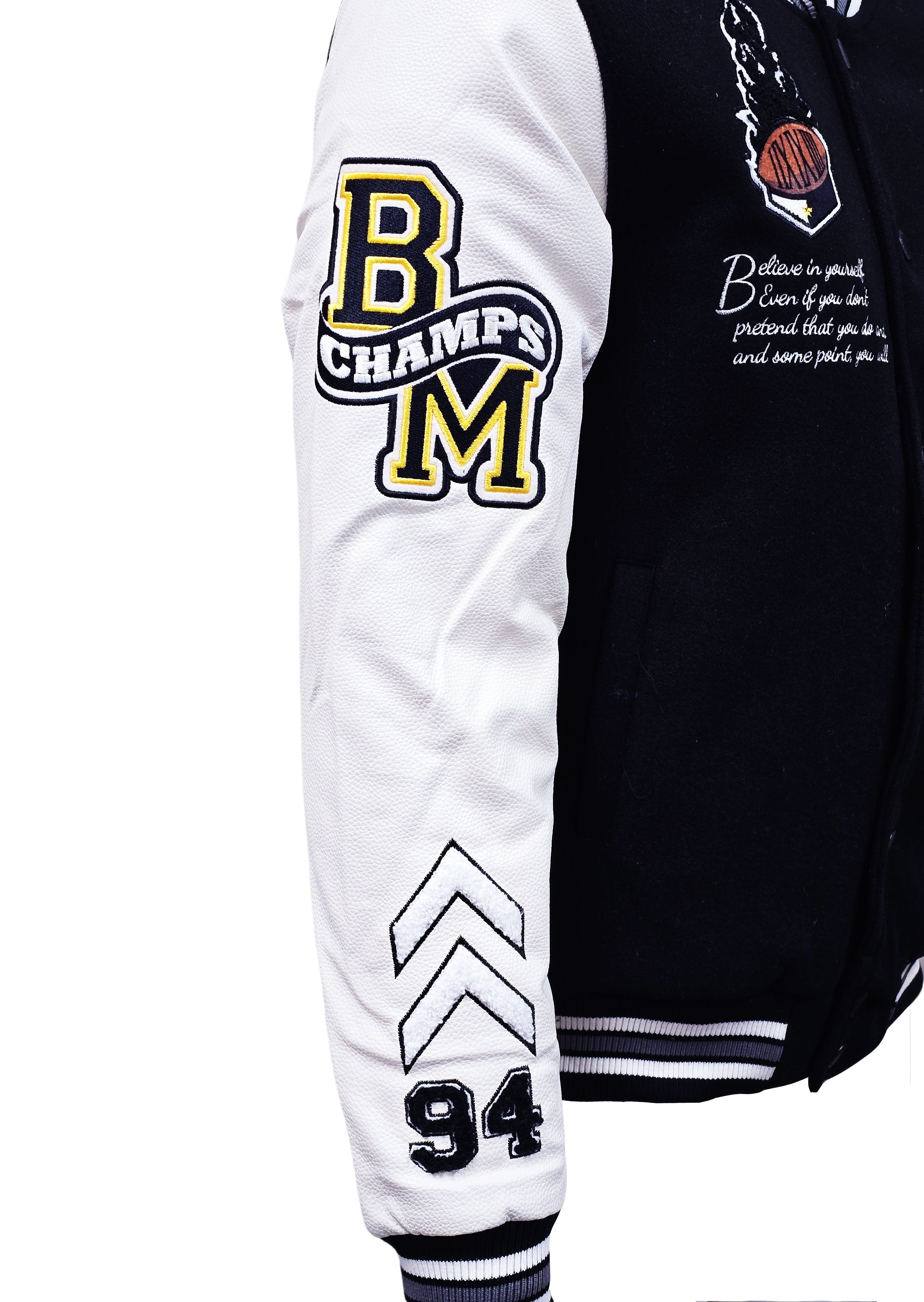 BLEECKER & MERCER MEN'S MIXED FABRIC EMBROIDERED VARSITY JACKET W/ PATCHES (BLACK)