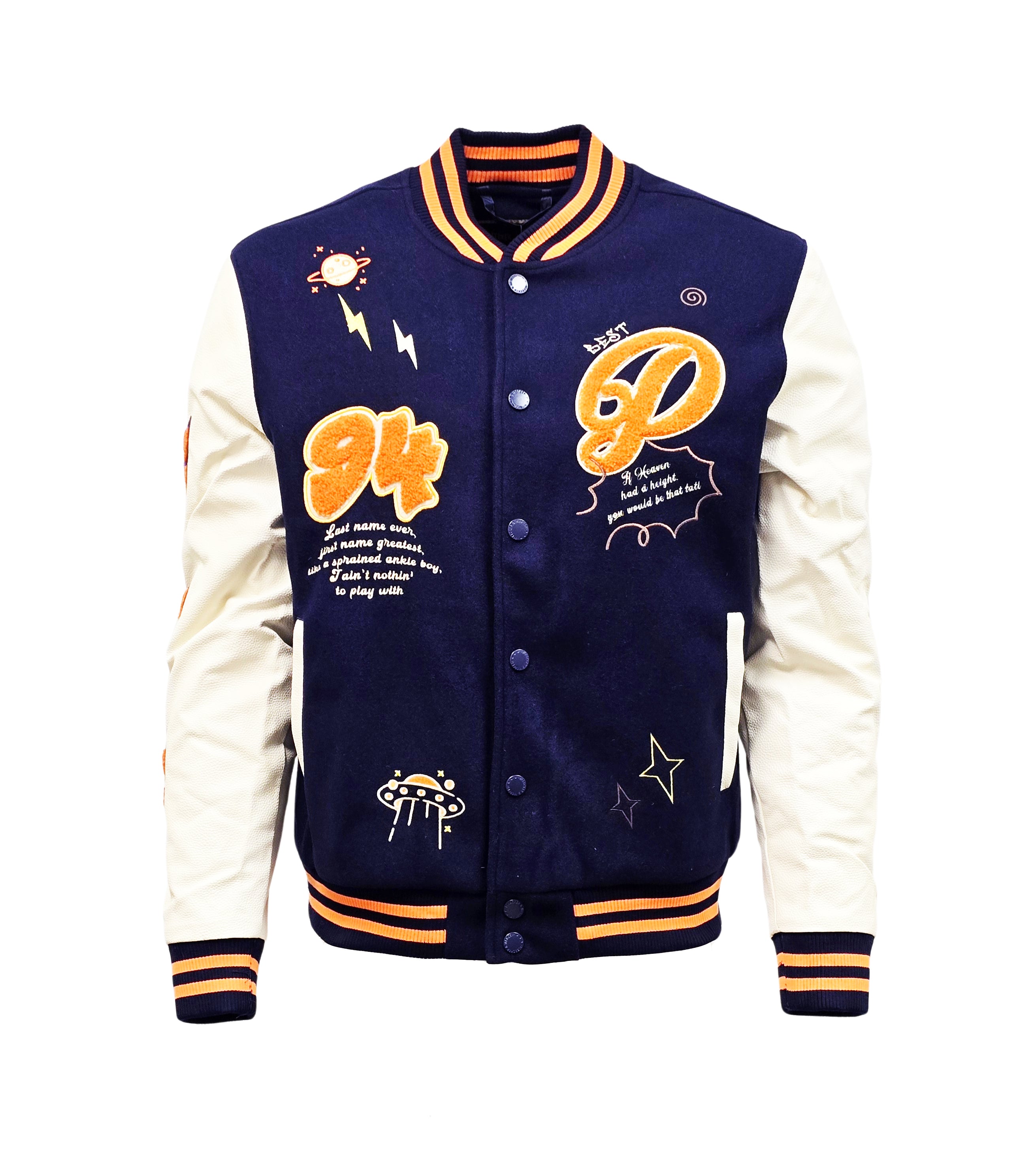 BLEECKER & MERCER MEN'S MIXED FABRIC EMBROIDERED VARSITY JACKET W/ PATCHES (NAVY)