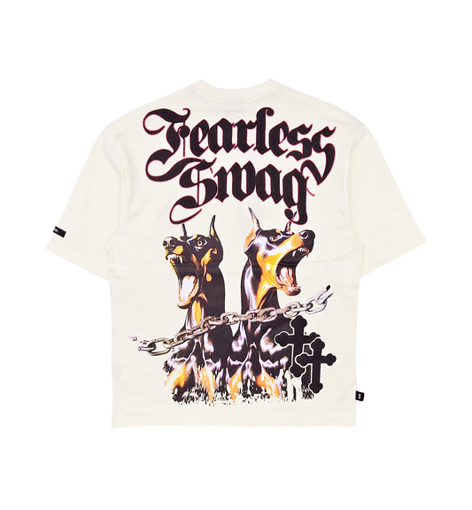 SWITCH MEN'S HELP DEATH DROP SHOULDER FEARLESS DOGS GRAPHIC T-SHIRT (CREAM)