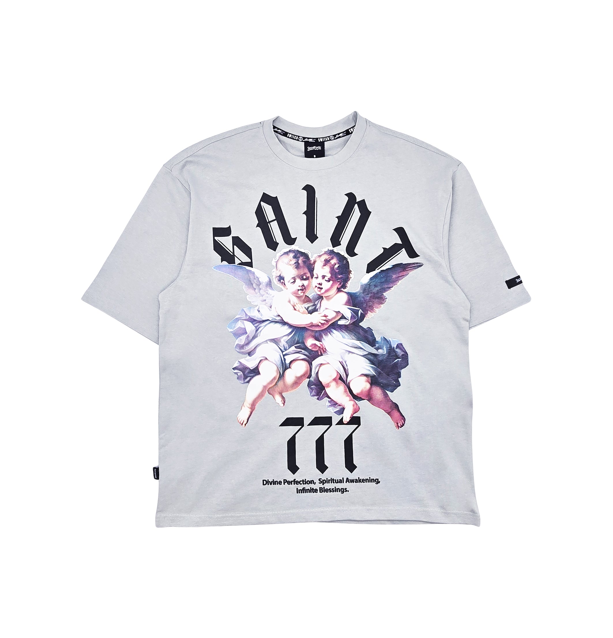 SWITCH MEN'S SAINT 777 DROP SHOULDER TWIN ANGELS GRAPHIC T-SHIRT (GREY)