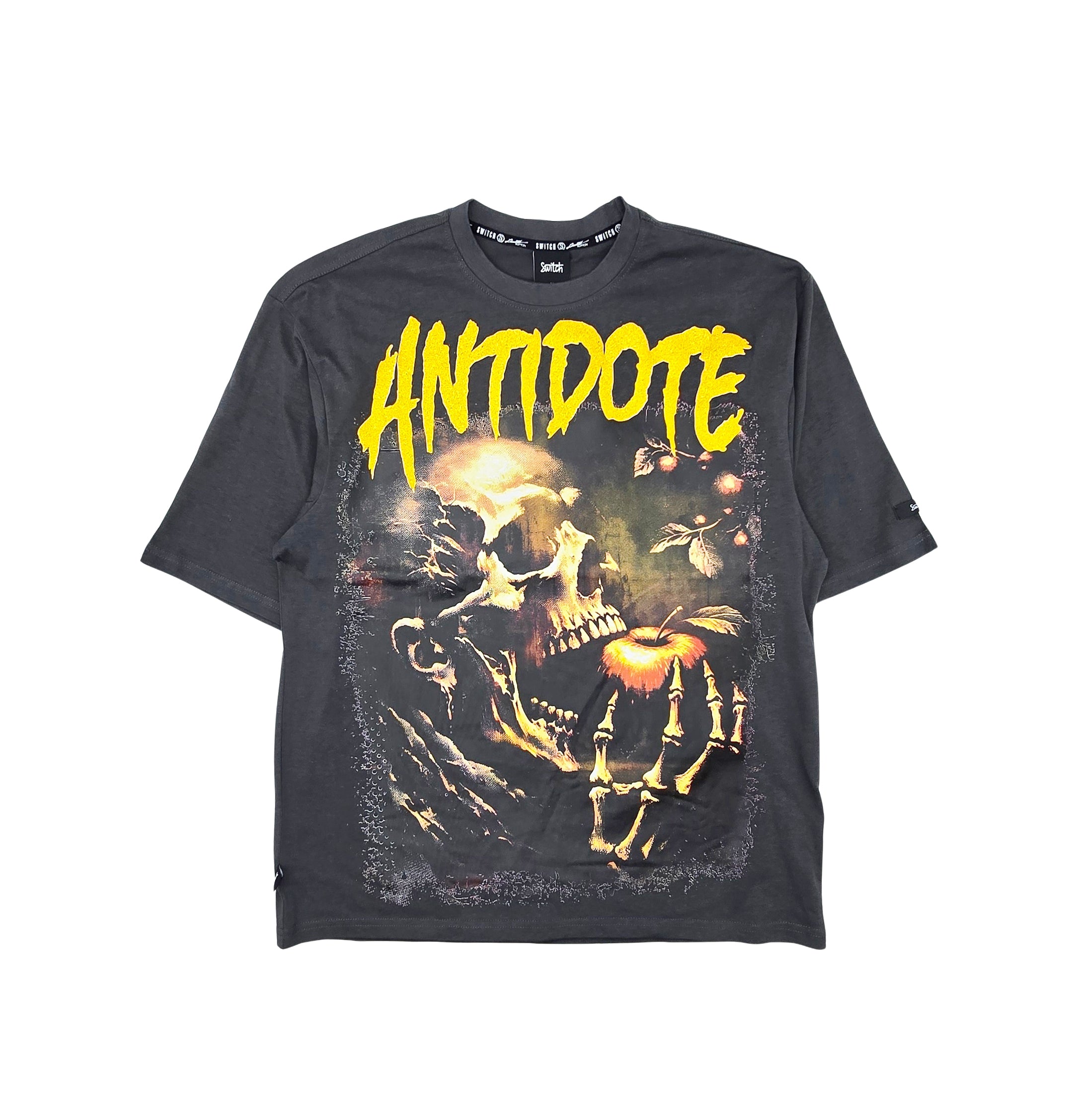 SWITCH MEN'S ANTIDOTE SKULL DROP SHOULDER GRAPHIC T-SHIRT (CHARCOAL)
