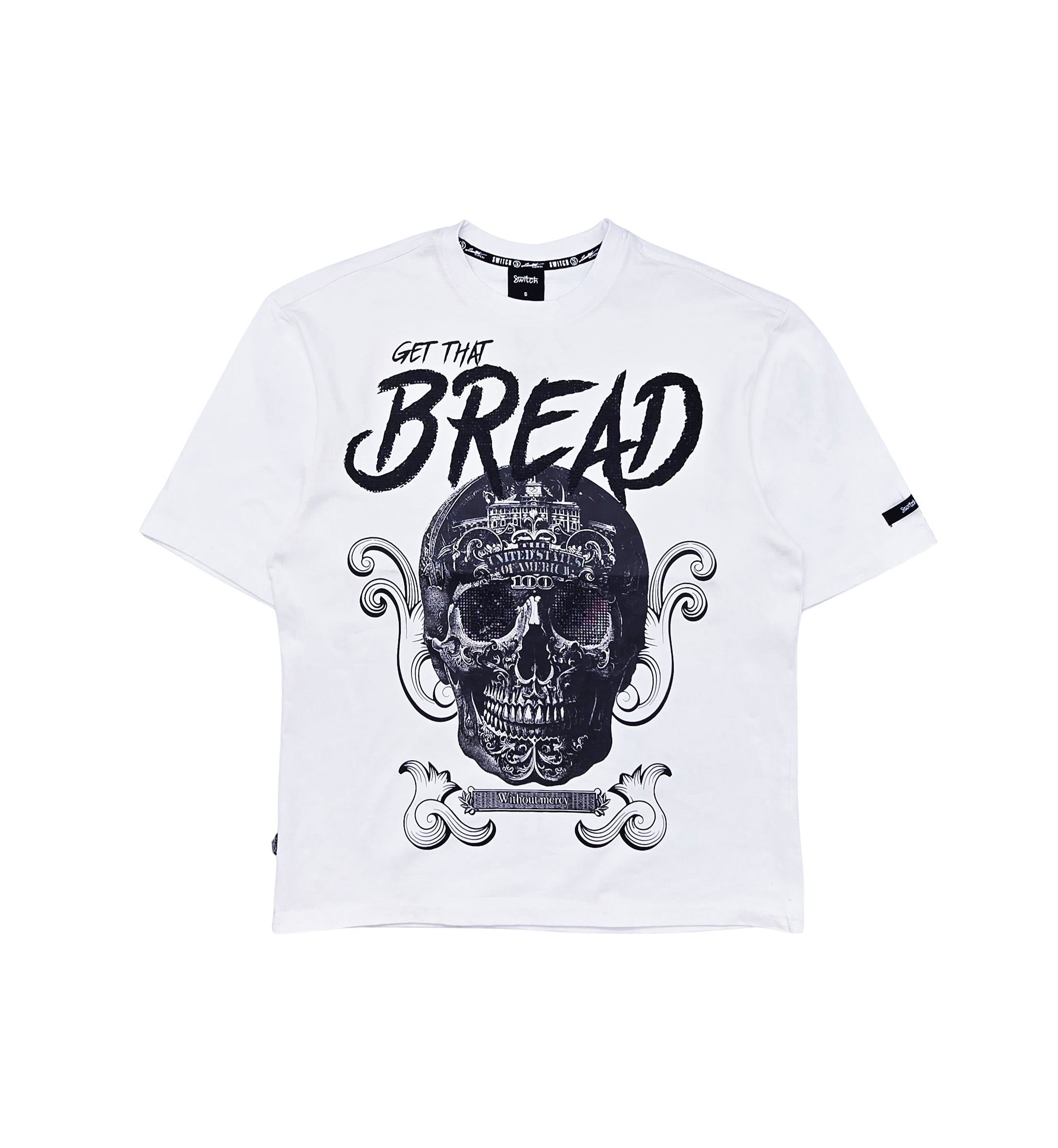 SWITCH MEN'S RHINESTONE MINERAL WASHED SKULL DROP SHOULDER GRAPHIC T-SHIRT (WHITE)