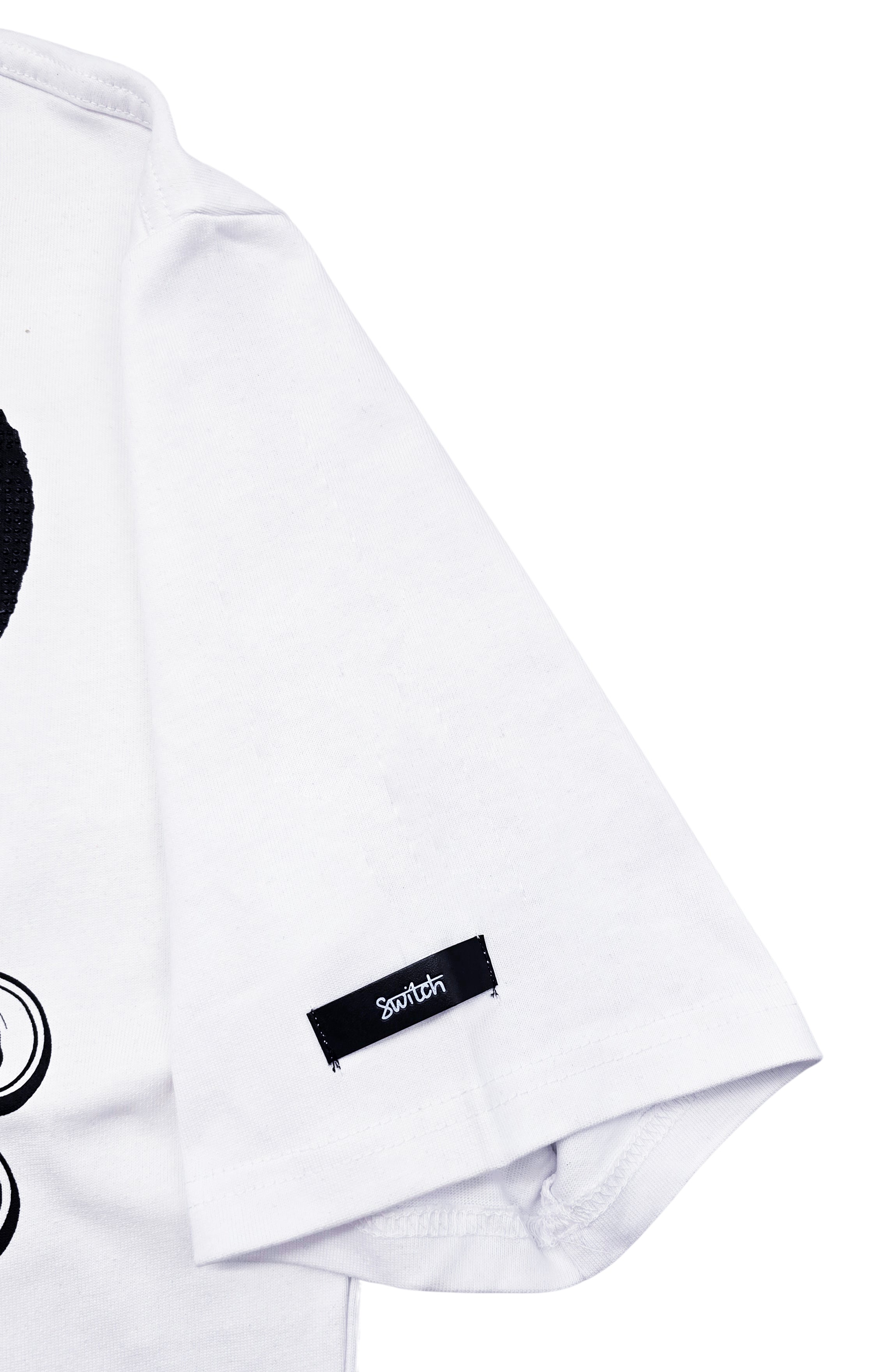 SWITCH MEN'S RHINESTONE MINERAL WASHED SKULL DROP SHOULDER GRAPHIC T-SHIRT (WHITE)