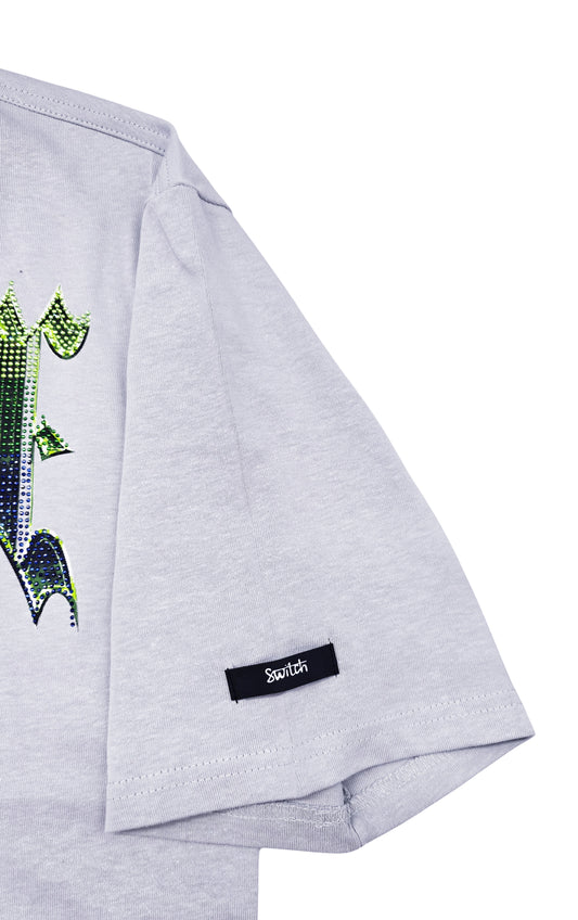 SWITCH MEN'S RHINESTONE MACABRE SKULL CRUSH DROP SHOULDER GRAPHIC T-SHIRT (GREY)