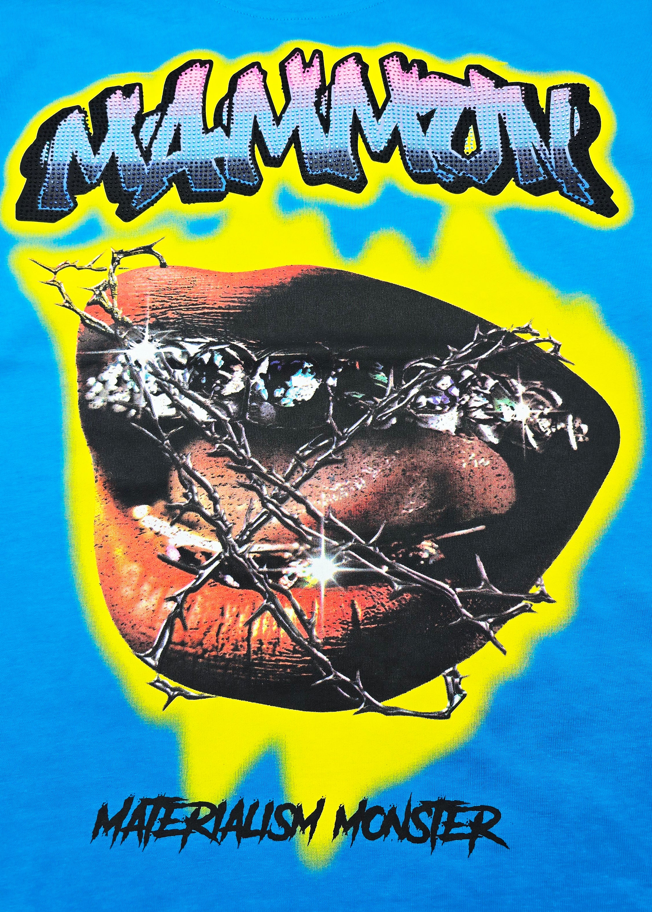 SWITCH MEN'S RHINESTONE MAMMON MATERIALISM MONSTER DROP SHOULDER GRAPHIC T-SHIRT (AQUA BLUE)