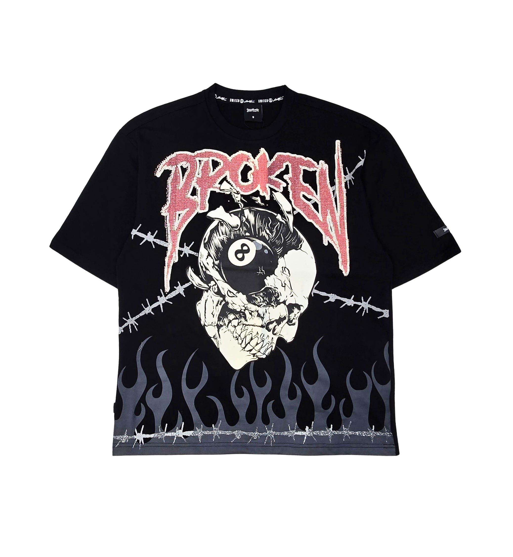 SWITCH MEN'S RHINESTONE BROKEN SKULL DROP SHOULDER GRAPHIC T-SHIRT (BLACK)