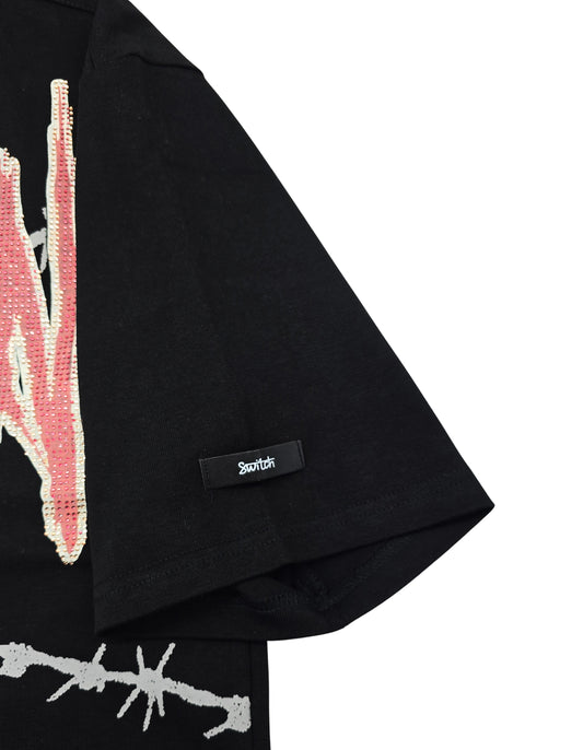 SWITCH MEN'S RHINESTONE BROKEN SKULL DROP SHOULDER GRAPHIC T-SHIRT (BLACK)