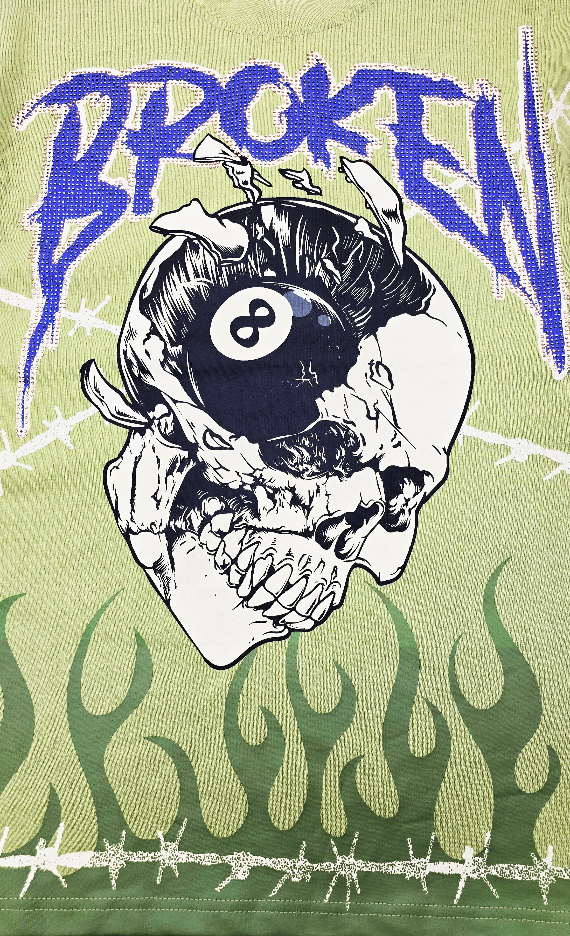 SWITCH MEN'S RHINESTONE BROKEN SKULL DROP SHOULDER GRAPHIC T-SHIRT (LIGHT OLIVE GREEN)