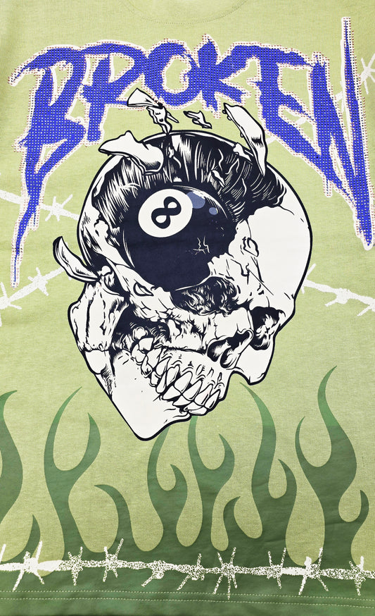 SWITCH MEN'S RHINESTONE BROKEN SKULL DROP SHOULDER GRAPHIC T-SHIRT (LIGHT OLIVE GREEN)