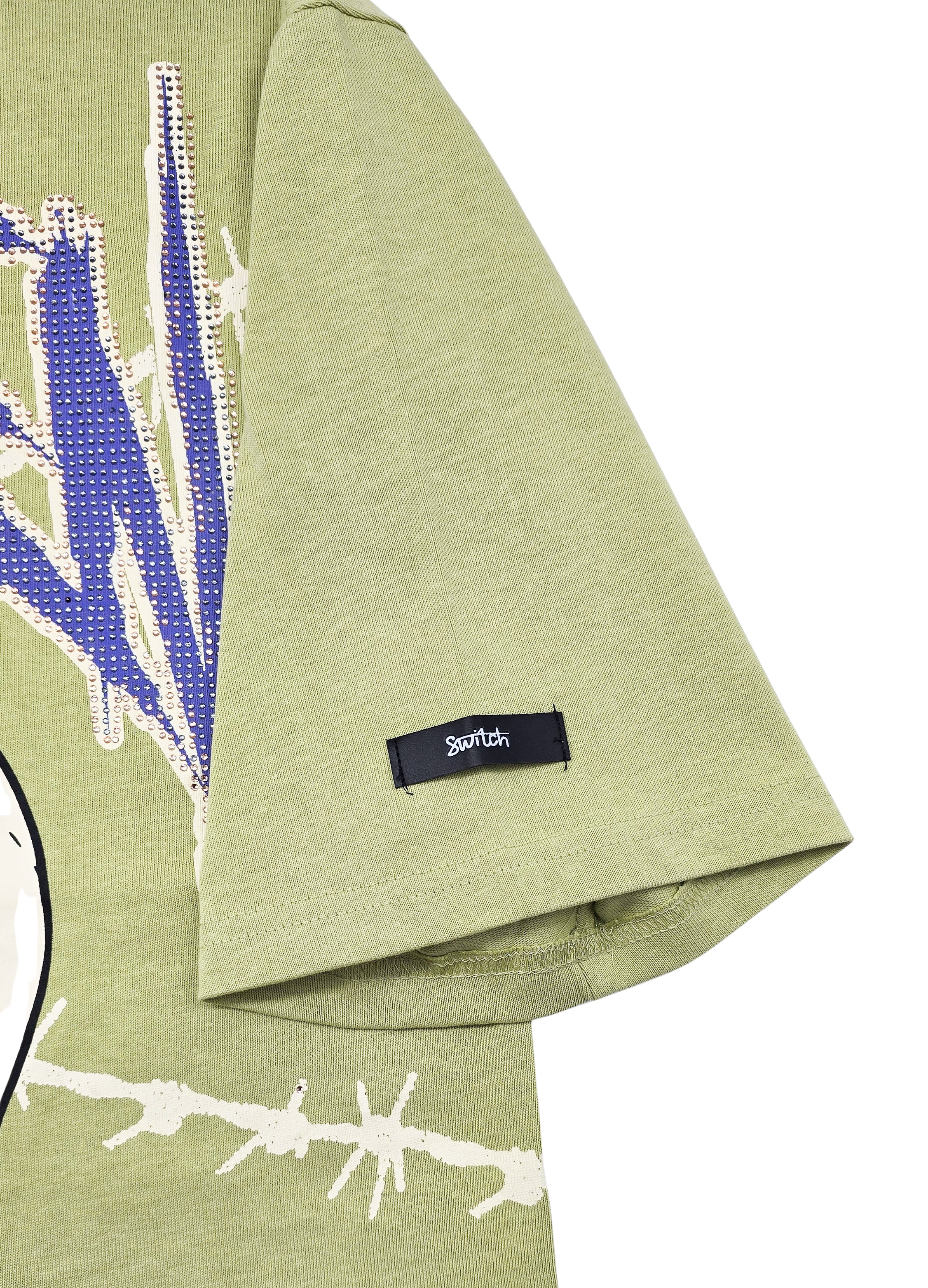 SWITCH MEN'S RHINESTONE BROKEN SKULL DROP SHOULDER GRAPHIC T-SHIRT (LIGHT OLIVE GREEN)