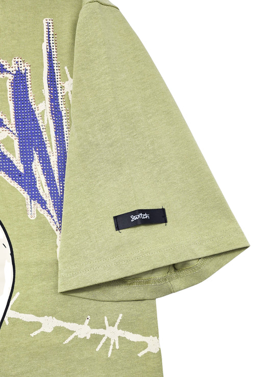 SWITCH MEN'S RHINESTONE BROKEN SKULL DROP SHOULDER GRAPHIC T-SHIRT (LIGHT OLIVE GREEN)