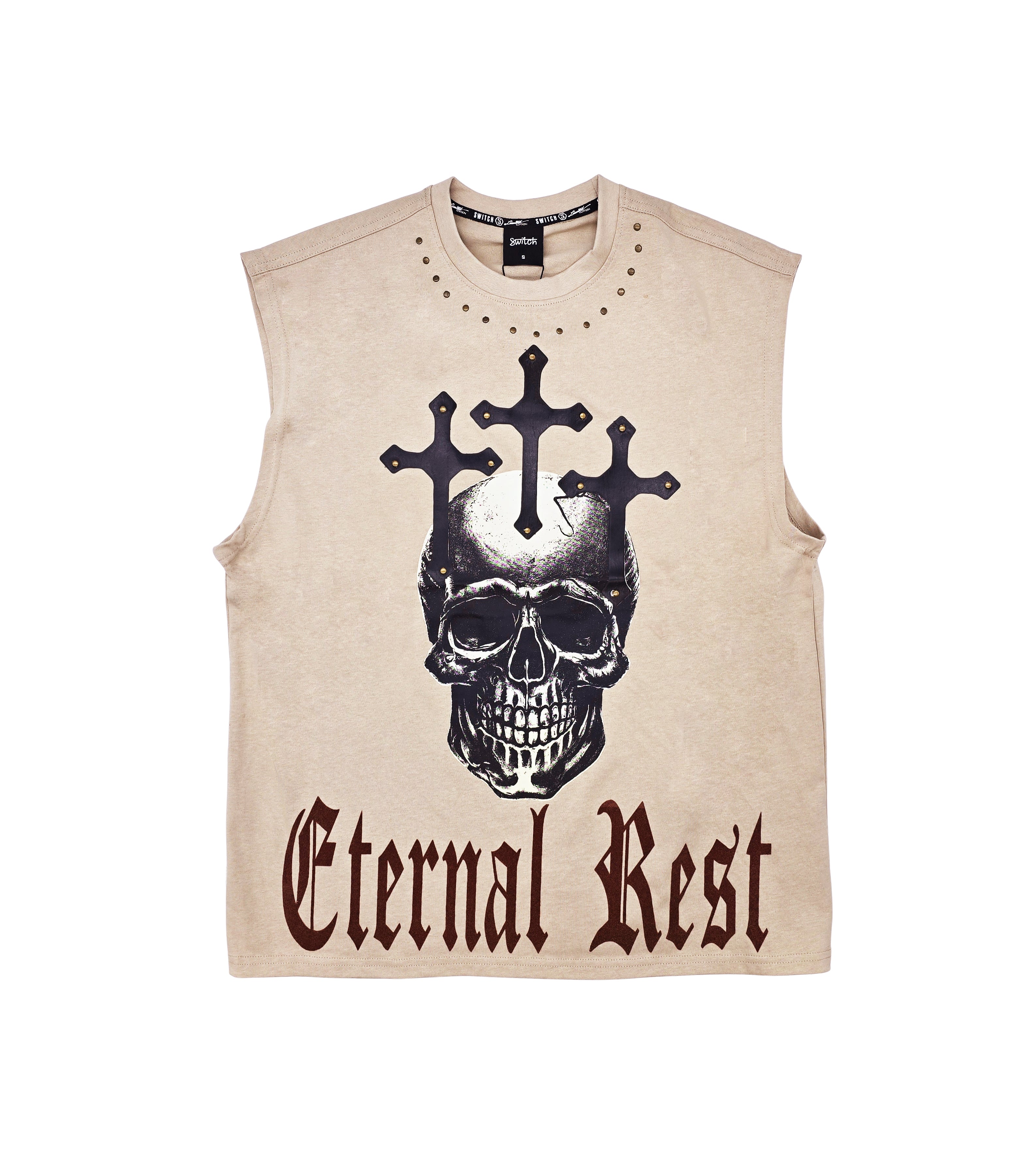 SWITCH MEN'S ETERNAL REST SKULL GRAPHIC CUT-OFF SLEEVELESS MUSCLE TANK TOP (SAND BROWN)