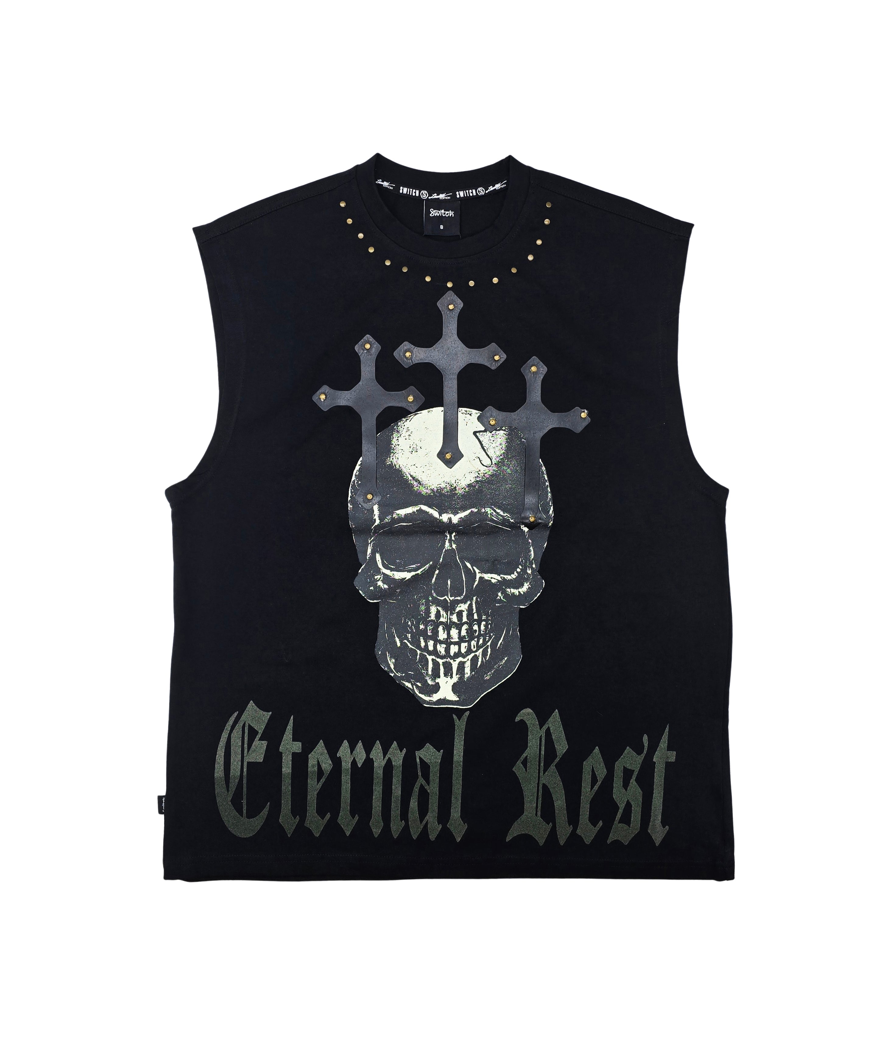 SWITCH MEN'S ETERNAL REST SKULL GRAPHIC CUT-OFF SLEEVELESS MUSCLE TANK TOP (BLACK)