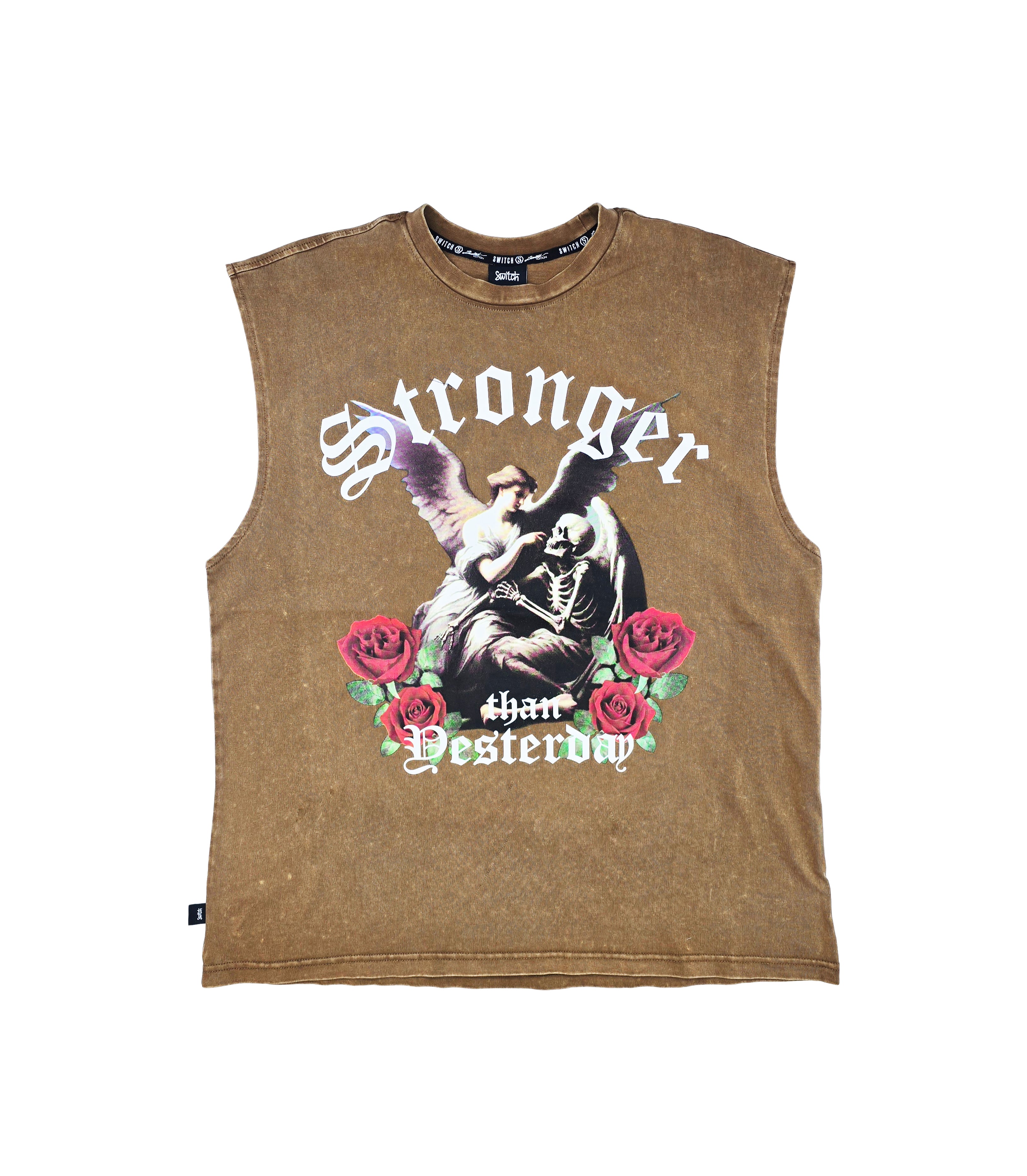 SWITCH MEN'S STRANGER THAN YESTERDAY GRAPHIC CUT-OFF SLEEVELESS MUSCLE TANK TOP (BROWN)