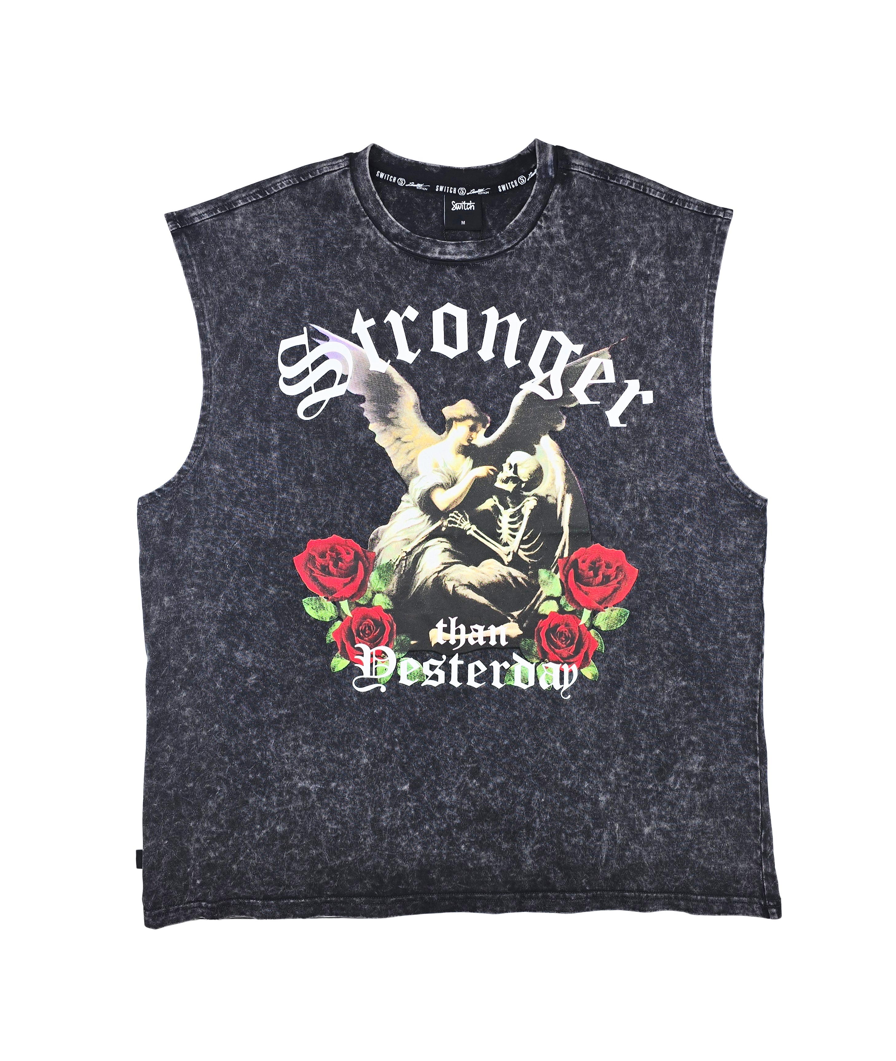 SWITCH MEN'S STRANGER THAN YESTERDAY GRAPHIC CUT-OFF SLEEVELESS MUSCLE TANK TOP (BLACK)