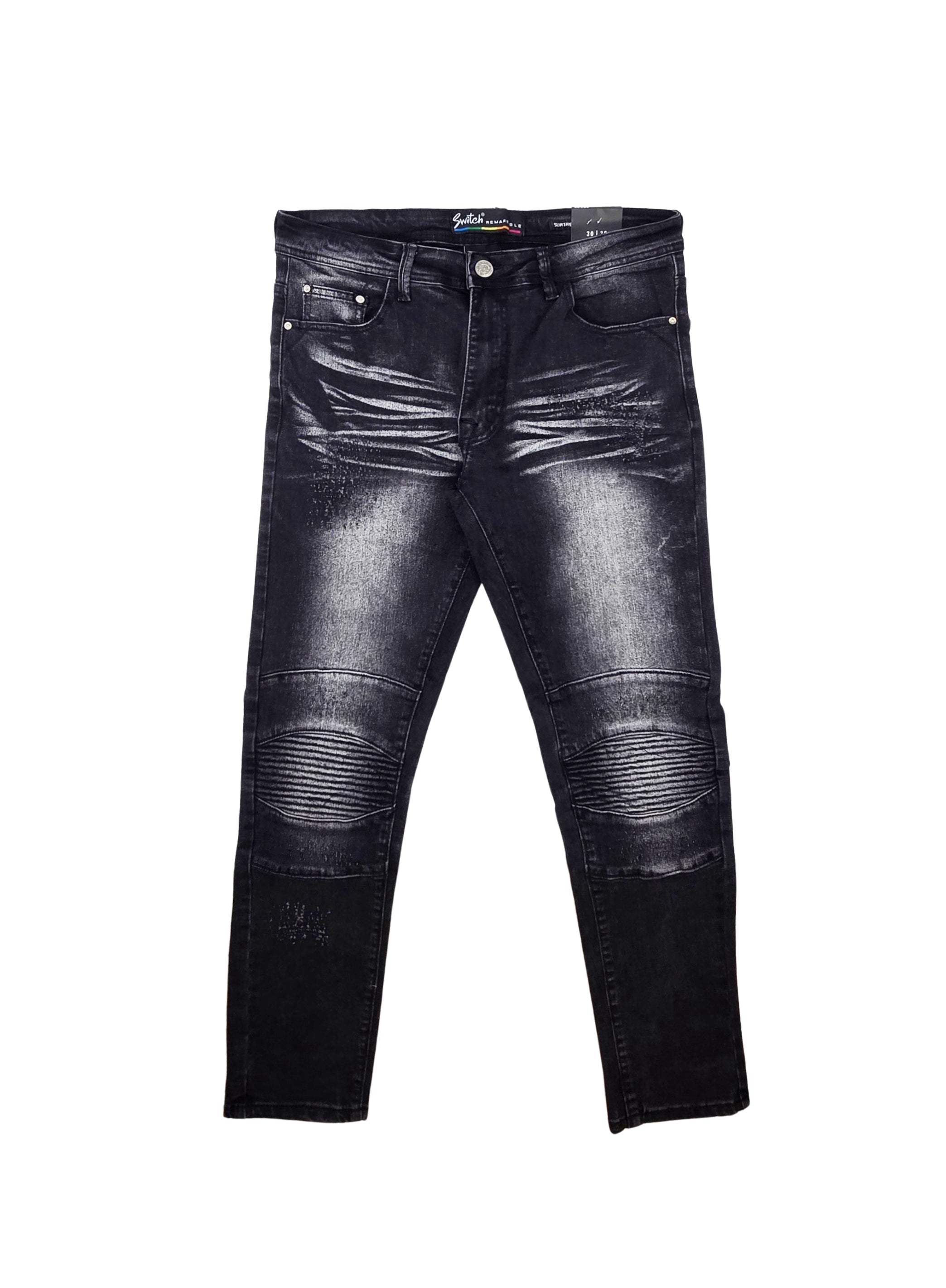 SWITCH REMARKABLE MEN'S SLIM FIT DISTRESSED BIKER JEANS (BLACK)