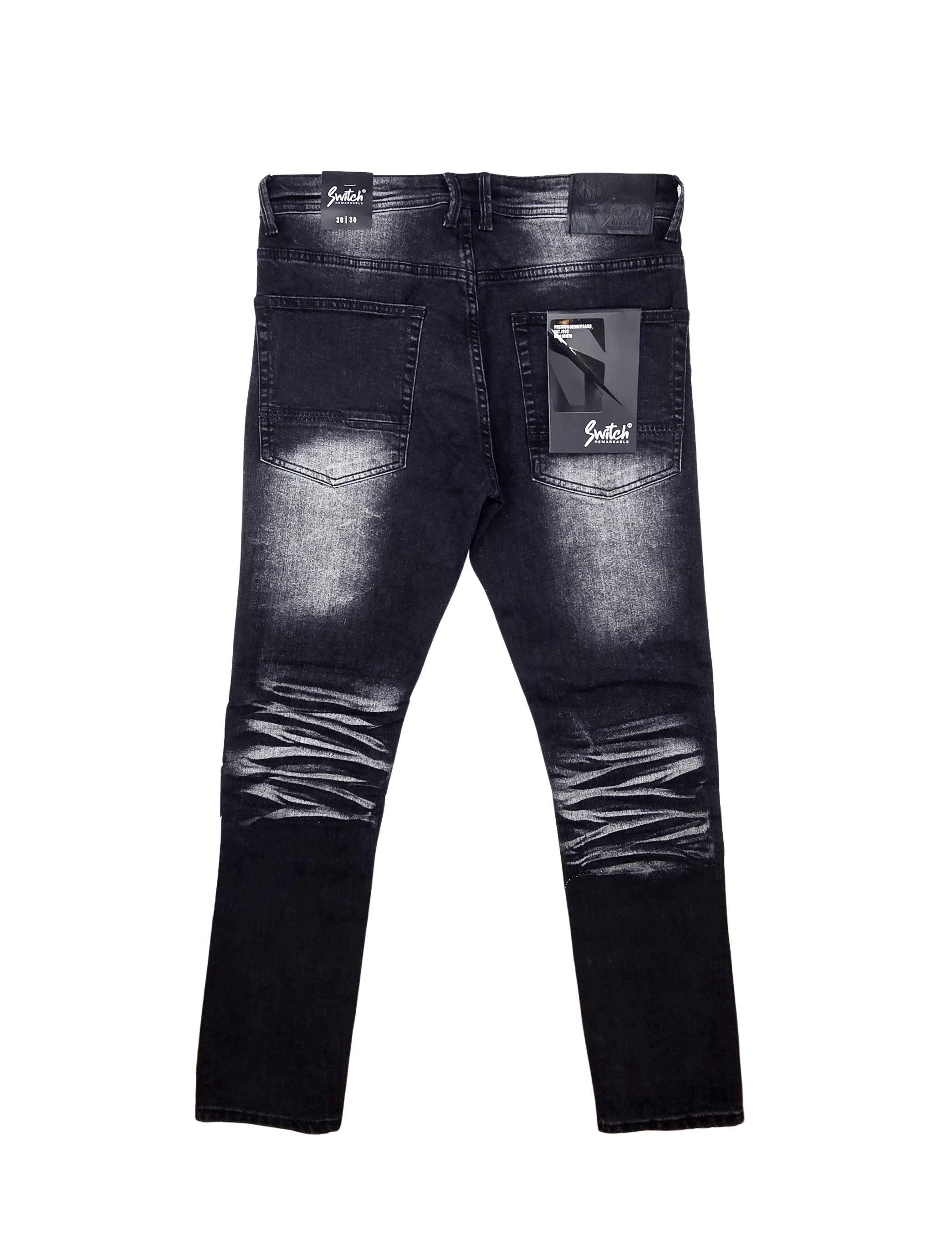 SWITCH REMARKABLE MEN'S SLIM FIT DISTRESSED BIKER JEANS (BLACK)