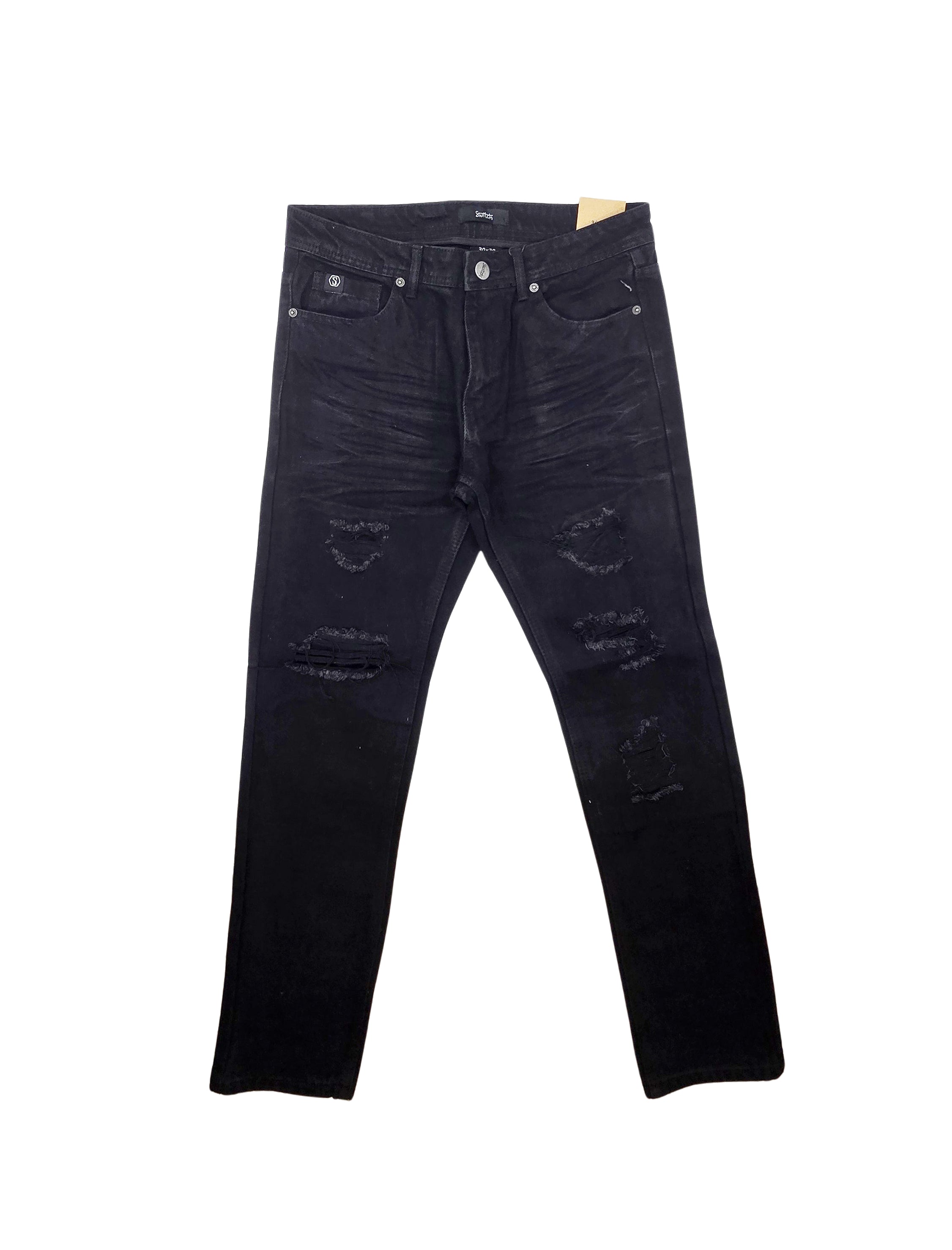 SWITCH REMARKABLE MEN'S SLIM FIT RIPPED DENIM JEANS (JET BLACK)