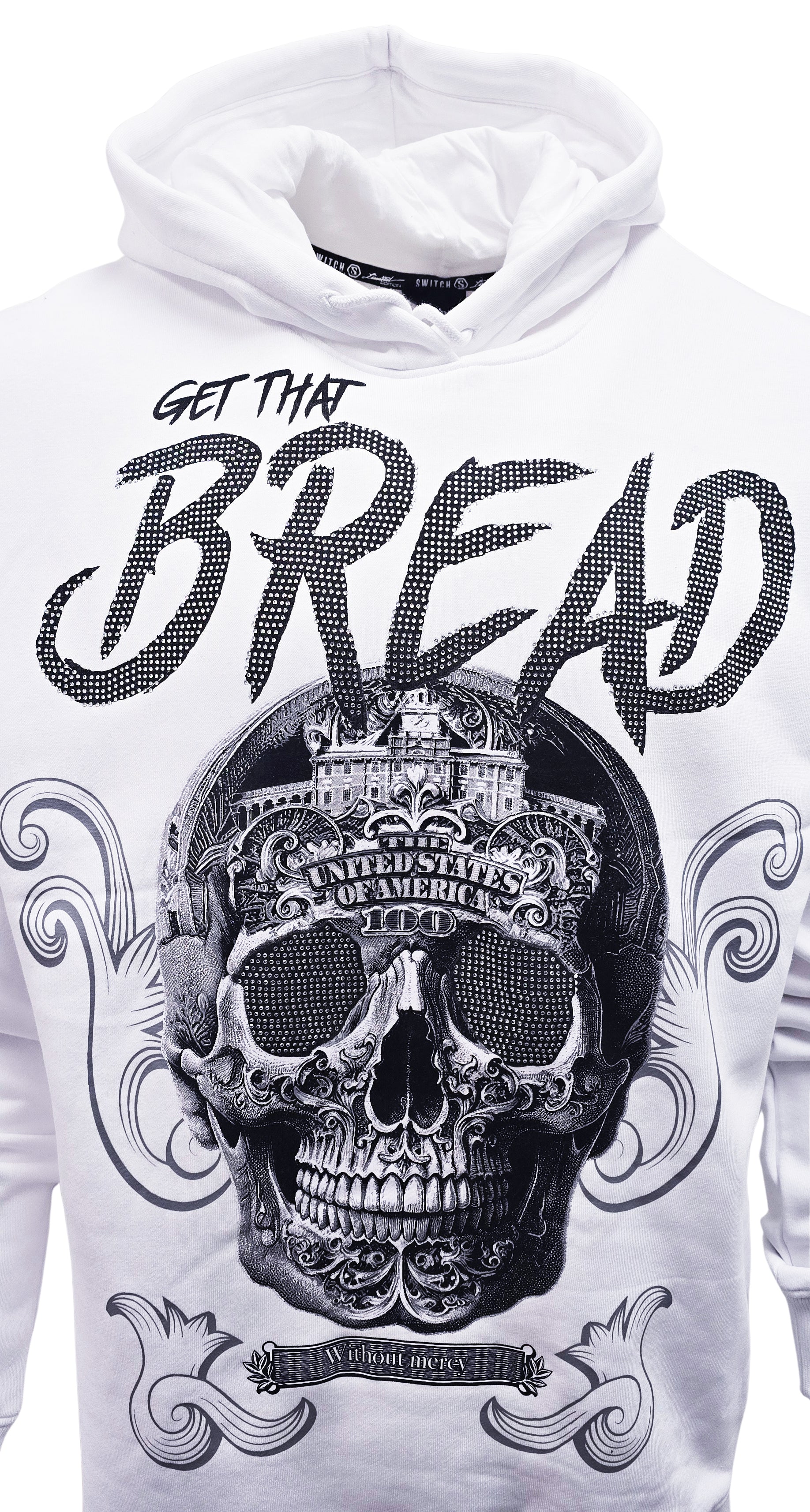 SWITCH REMARKABLE MEN'S RHINESTONE GET THAT BREAD, SKULL GRAPHIC HOODIE (WHITE)