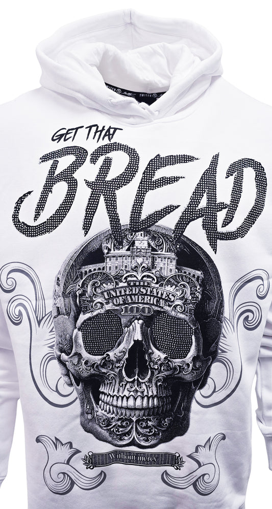 SWITCH REMARKABLE MEN'S RHINESTONE GET THAT BREAD, SKULL GRAPHIC HOODIE (WHITE)