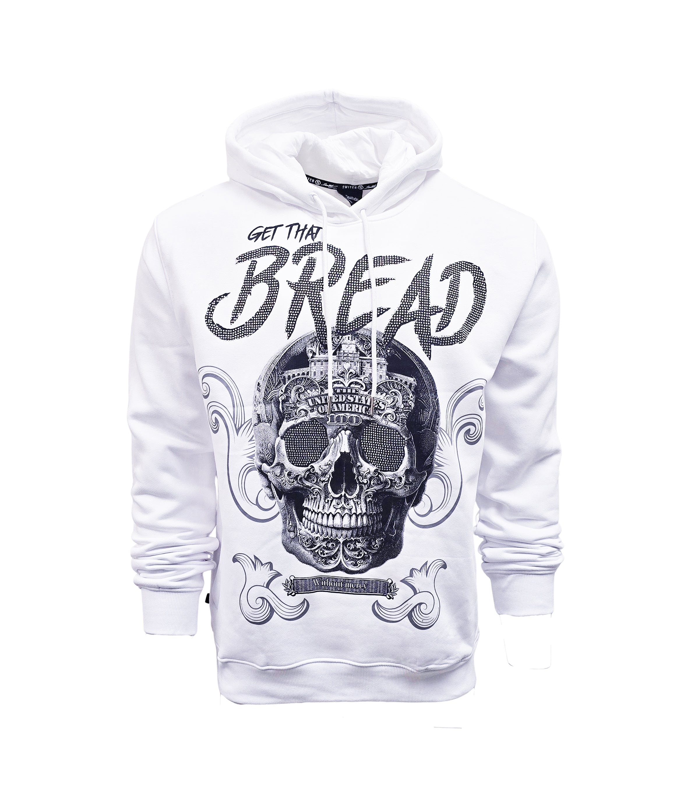 SWITCH REMARKABLE MEN'S RHINESTONE GET THAT BREAD, SKULL GRAPHIC HOODIE (WHITE)