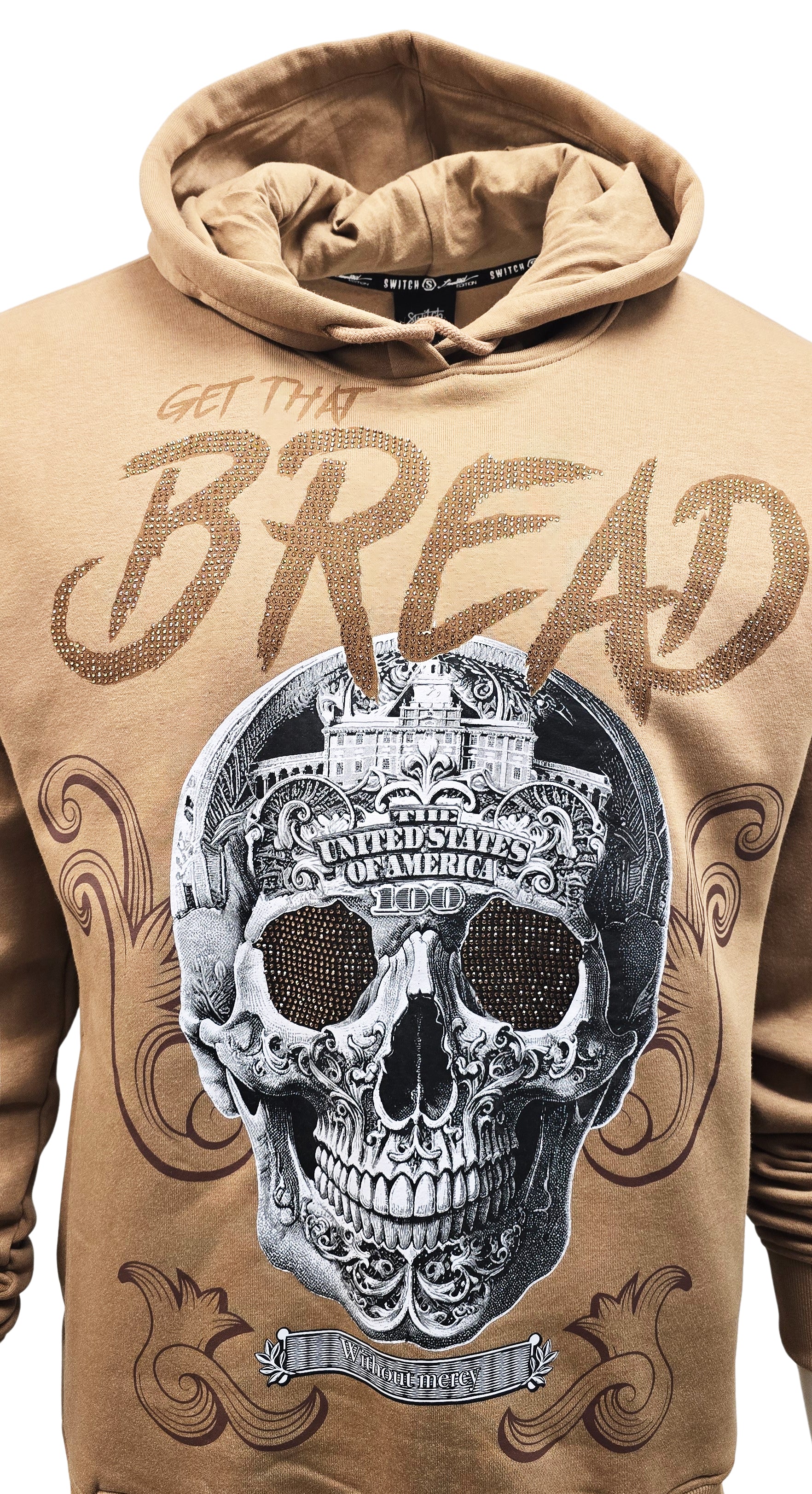 SWITCH REMARKABLE MEN'S RHINESTONE GET THAT BREAD, SKULL GRAPHIC HOODIE (KHAKI)