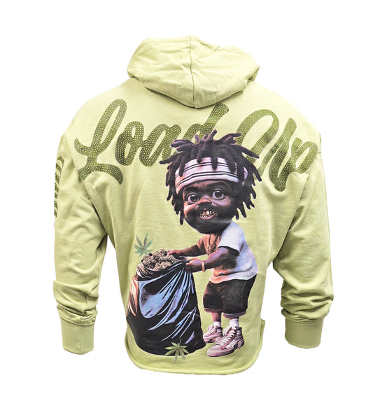 SWITCH REMARKABLE MEN'S RHINESTONE LOAD UP CROPPED GRAPHIC HOODIE (LIGHT OLIVE)