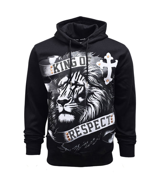 SWITCH REMARKABLE MEN'S RHINESTONE KING OF RESPECT, LION GRAPHIC HOODIE (BLACK)