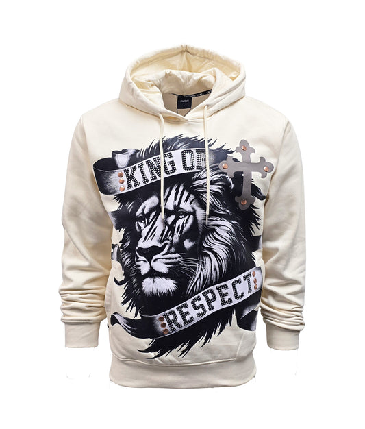 SWITCH REMARKABLE MEN'S RHINESTONE KING OF RESPECT, LION GRAPHIC HOODIE (CREAM)