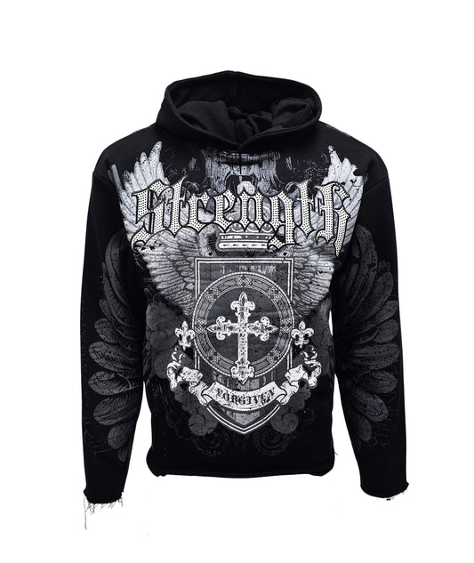 PJ MARK BLEECKER & MERCER MEN'S RHINESTONE STRENGTH BLACK GRAPHIC PULLOVER CROP HOODIE