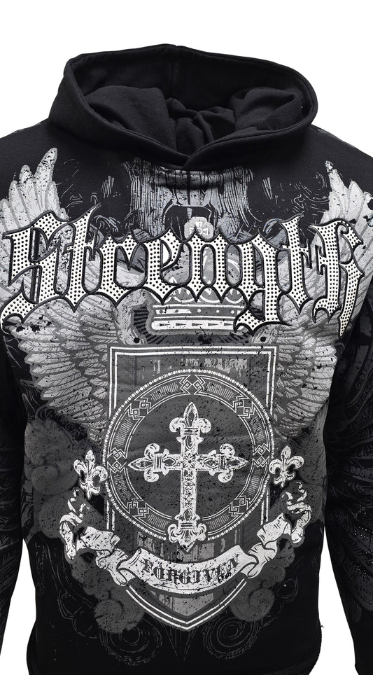 PJ MARK BLEECKER & MERCER MEN'S RHINESTONE STRENGTH BLACK GRAPHIC PULLOVER CROP HOODIE