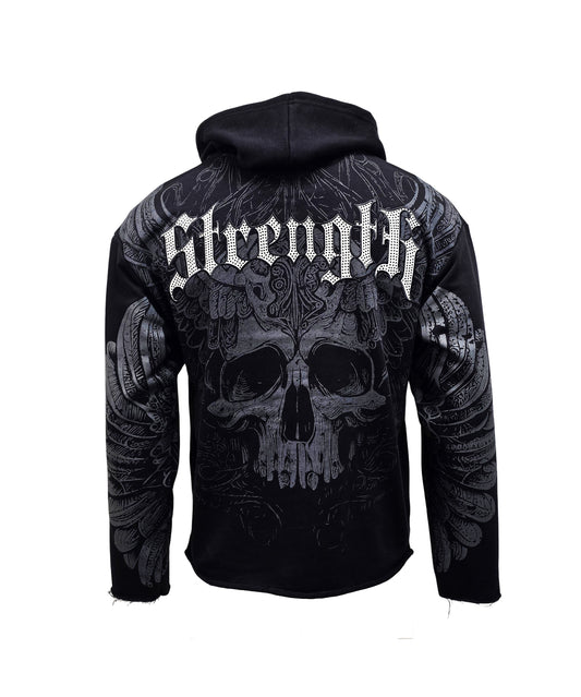 PJ MARK BLEECKER & MERCER MEN'S RHINESTONE STRENGTH BLACK GRAPHIC PULLOVER CROP HOODIE