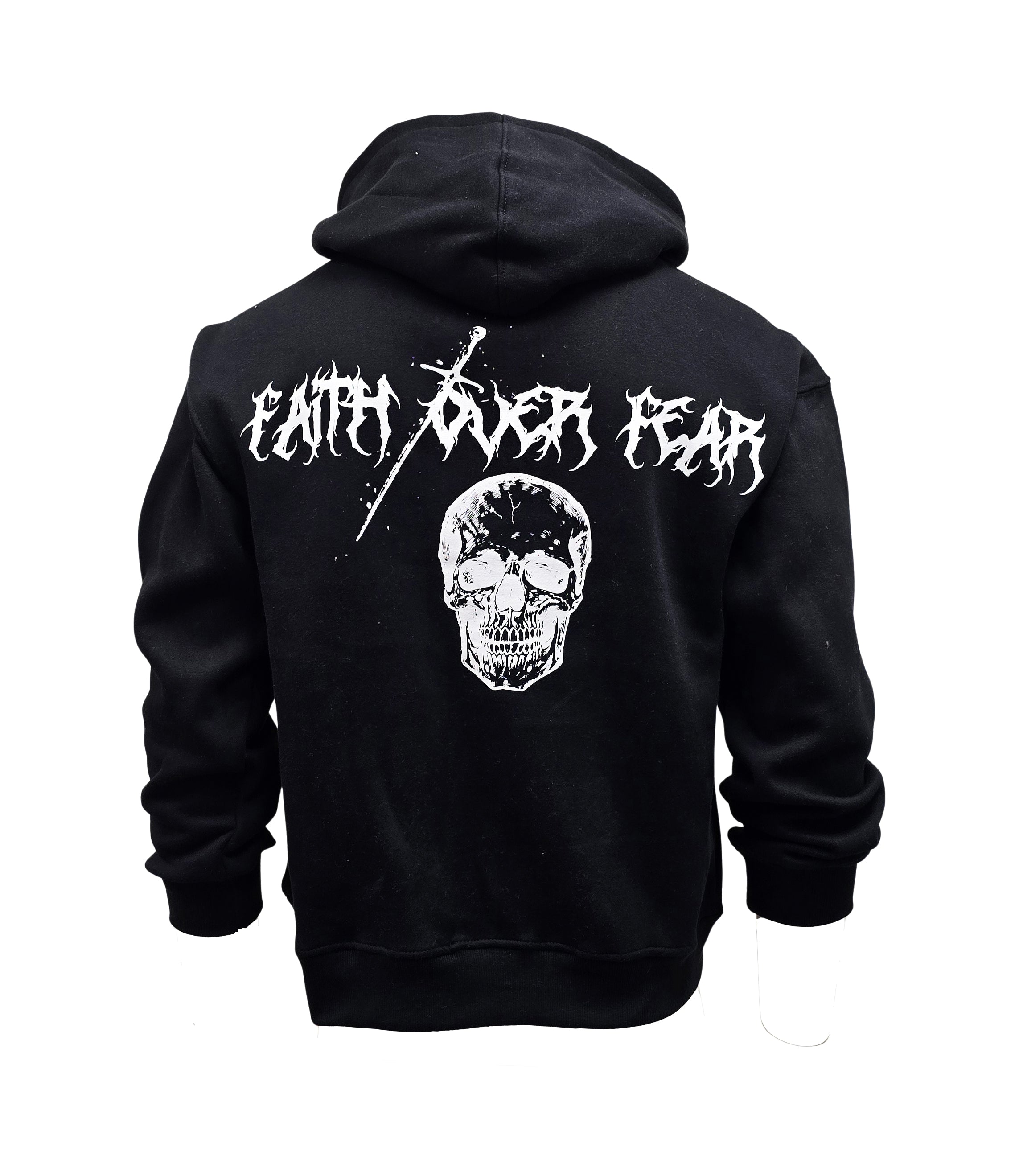 PJ MARK BLEECKER & MERCER MEN'S RHINESTONE FAITH OVER FEAR, SKULL GRAPHIC BLACK HOODIE