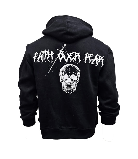 PJ MARK BLEECKER & MERCER MEN'S RHINESTONE FAITH OVER FEAR, SKULL GRAPHIC BLACK HOODIE
