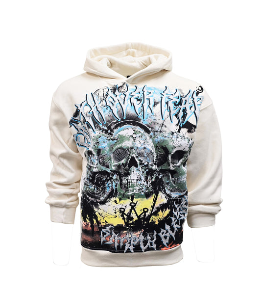 PJ MARK BLEECKER & MERCER MEN'S RHINESTONE FAITH OVER FEAR, SKULL GRAPHIC OATMEAL CREAM OFF-WHITE HOODIE