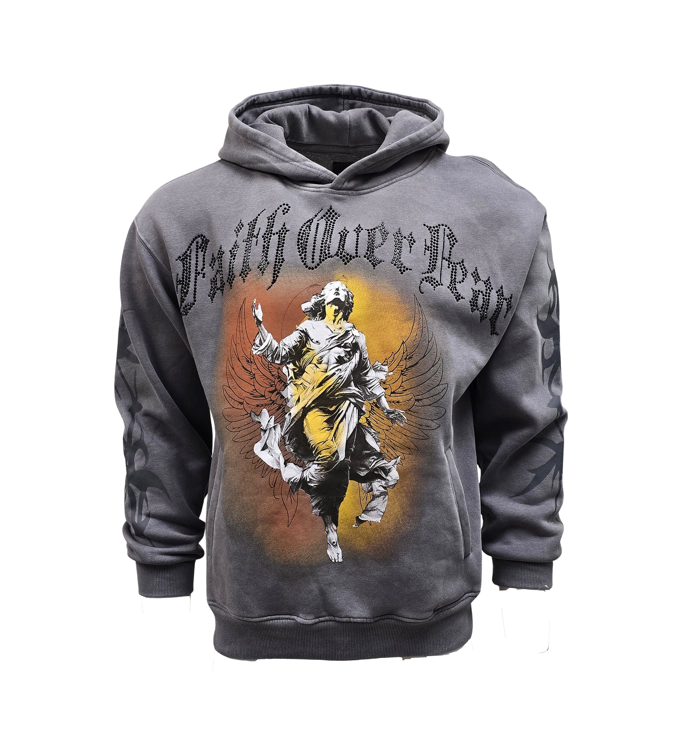 PJ MARK BLEECKER & MERCER MEN'S RHINESTONE FAITH OVER FEAR ACID WASH GREY GRAPHIC PULLOVER HOODIE