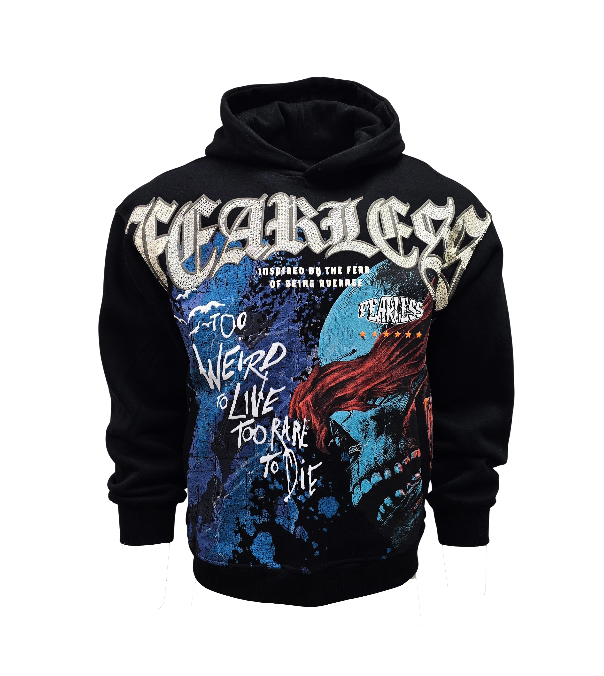 PJ MARK BLEECKER & MERCER MEN'S RHINESTONE FEARLESS BLACK GRAPHIC HOODIE