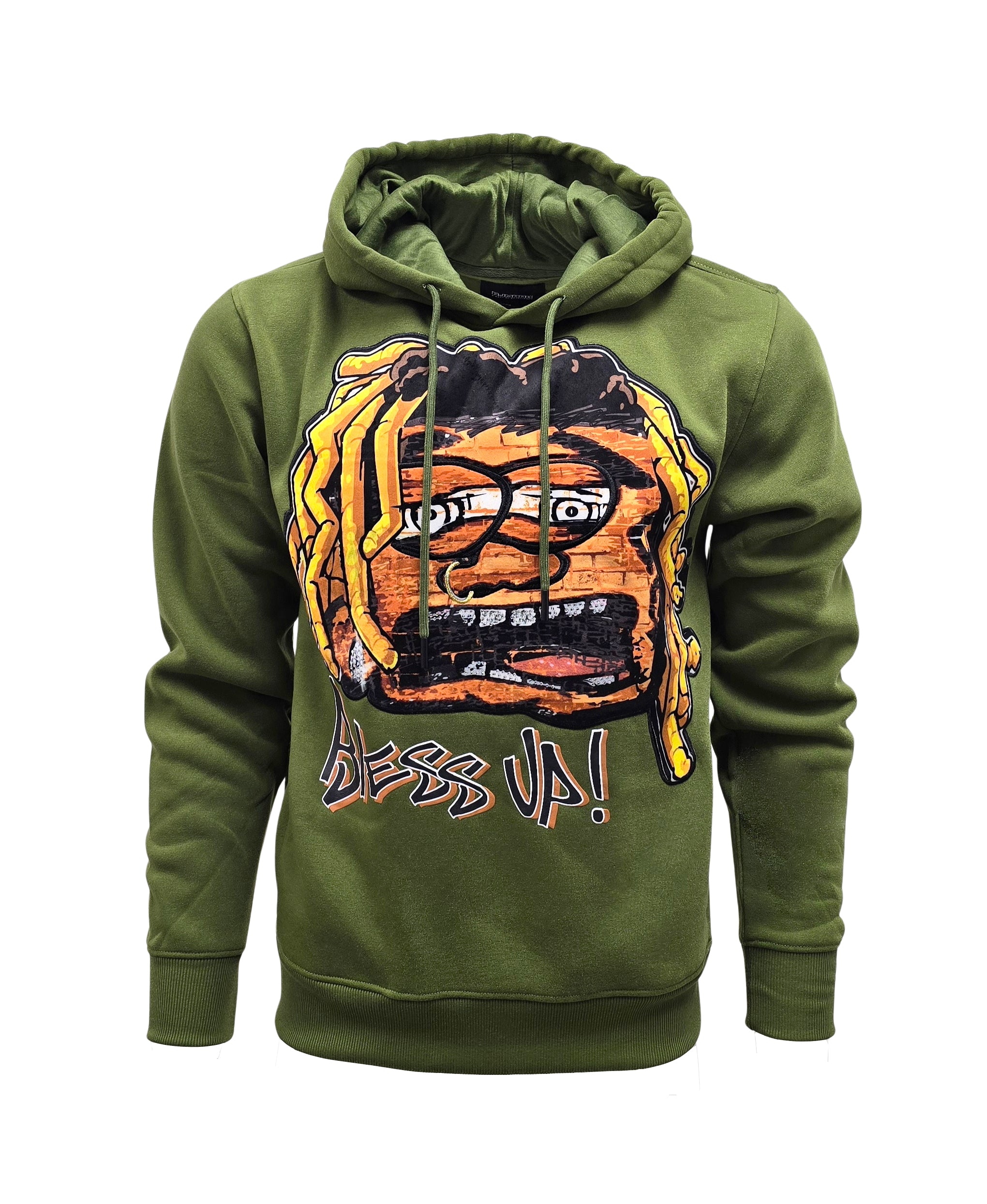 PJ MARK BLEECKER & MERCER MEN'S RHINESTONE BLESS UP GRAPHIC PULLOVER OLIVE HOODIE