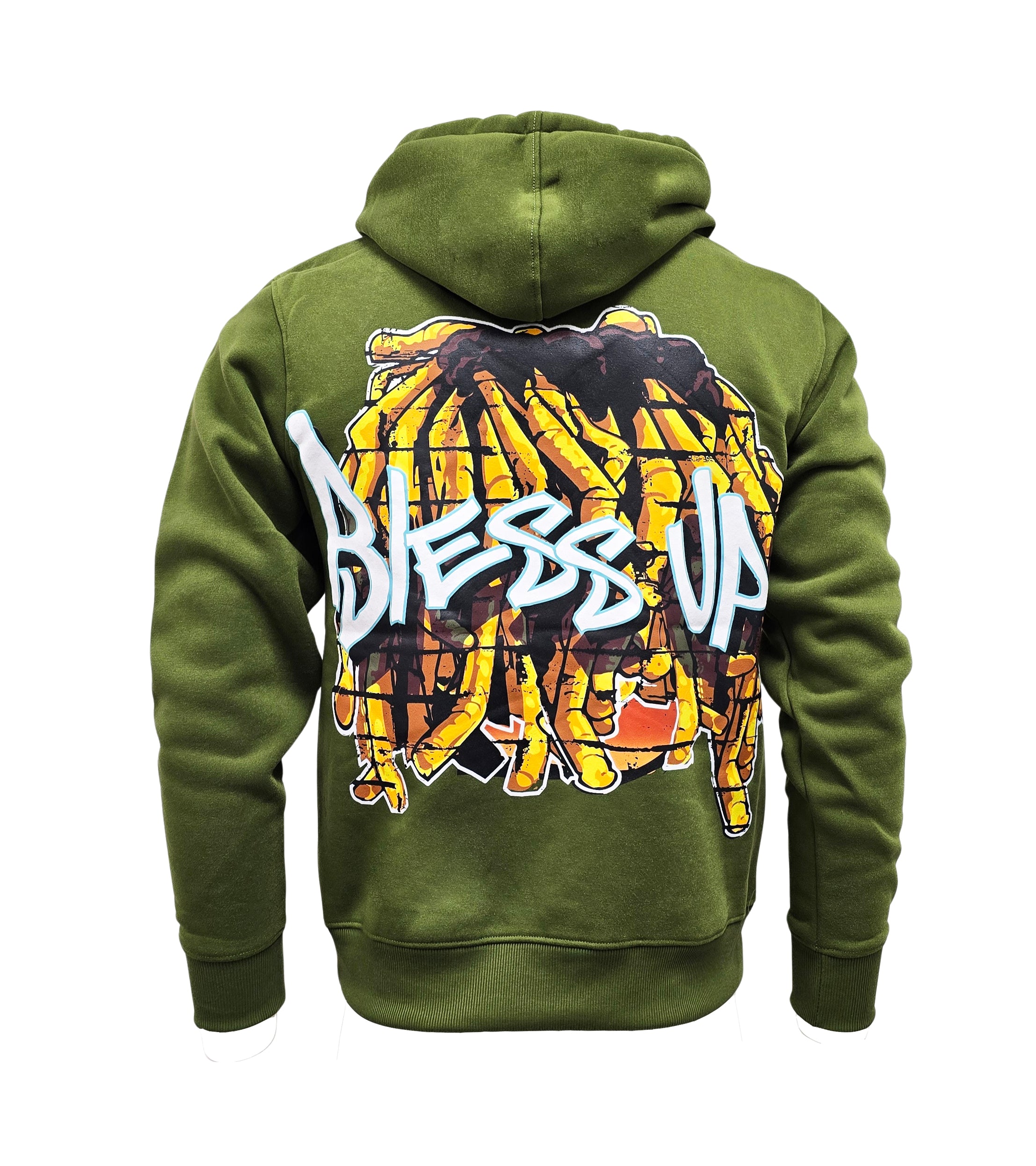 PJ MARK BLEECKER & MERCER MEN'S RHINESTONE BLESS UP GRAPHIC PULLOVER OLIVE HOODIE