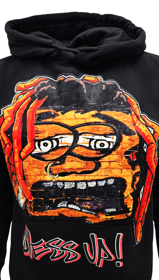 PJ MARK BLEECKER & MERCER MEN'S RHINESTONE BLESS UP GRAPHIC PULLOVER BLACK HOODIE