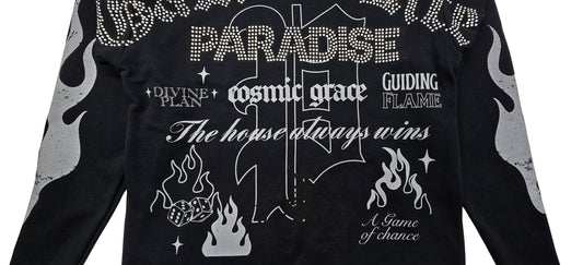 PJ MARK BLEECKER & MERCER MEN'S 2PIECE RHINESTONE GAME OF LIFE, PARADISE GRAPHIC BLACK PULLOVER & STACKED PANTS SET