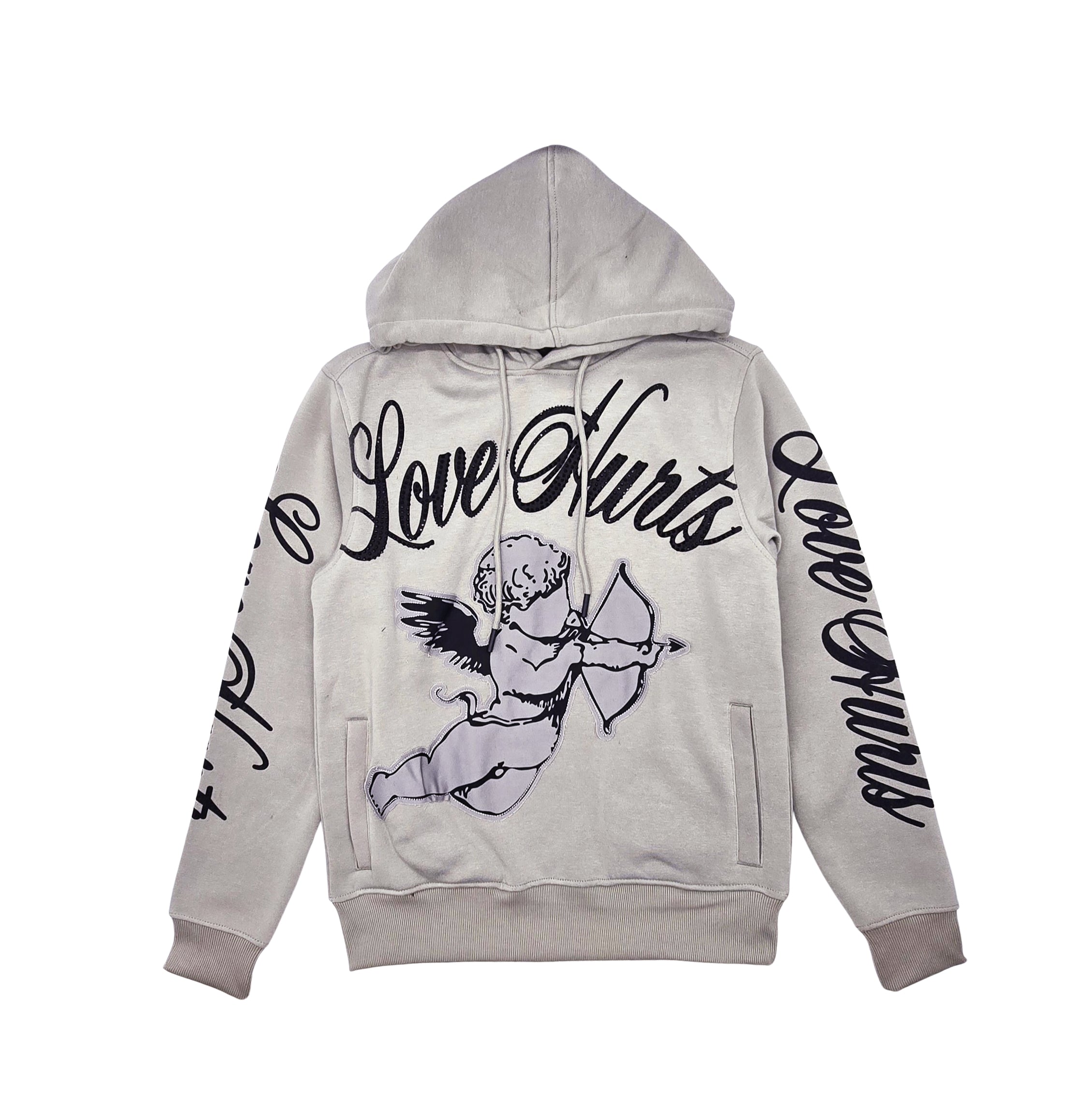 PJ MARK BLEECKER & MERCER MEN'S 2PIECE RHINESTONE LOVE HURTS GRAPHIC OYESTER GREY PULLOVER & STACKED PANTS SET