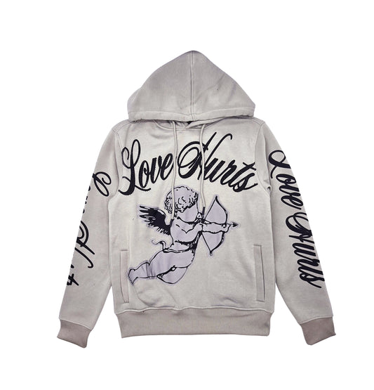 PJ MARK BLEECKER & MERCER MEN'S 2PIECE RHINESTONE LOVE HURTS GRAPHIC OYESTER GREY PULLOVER & STACKED PANTS SET