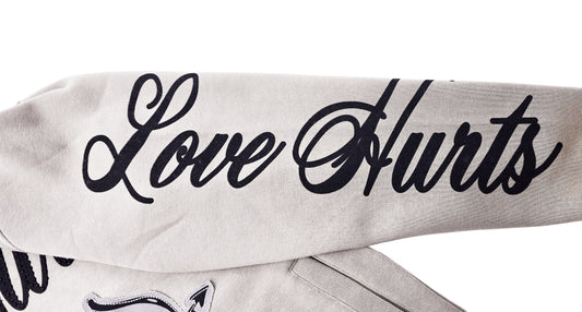 PJ MARK BLEECKER & MERCER MEN'S 2PIECE RHINESTONE LOVE HURTS GRAPHIC OYESTER GREY PULLOVER & STACKED PANTS SET