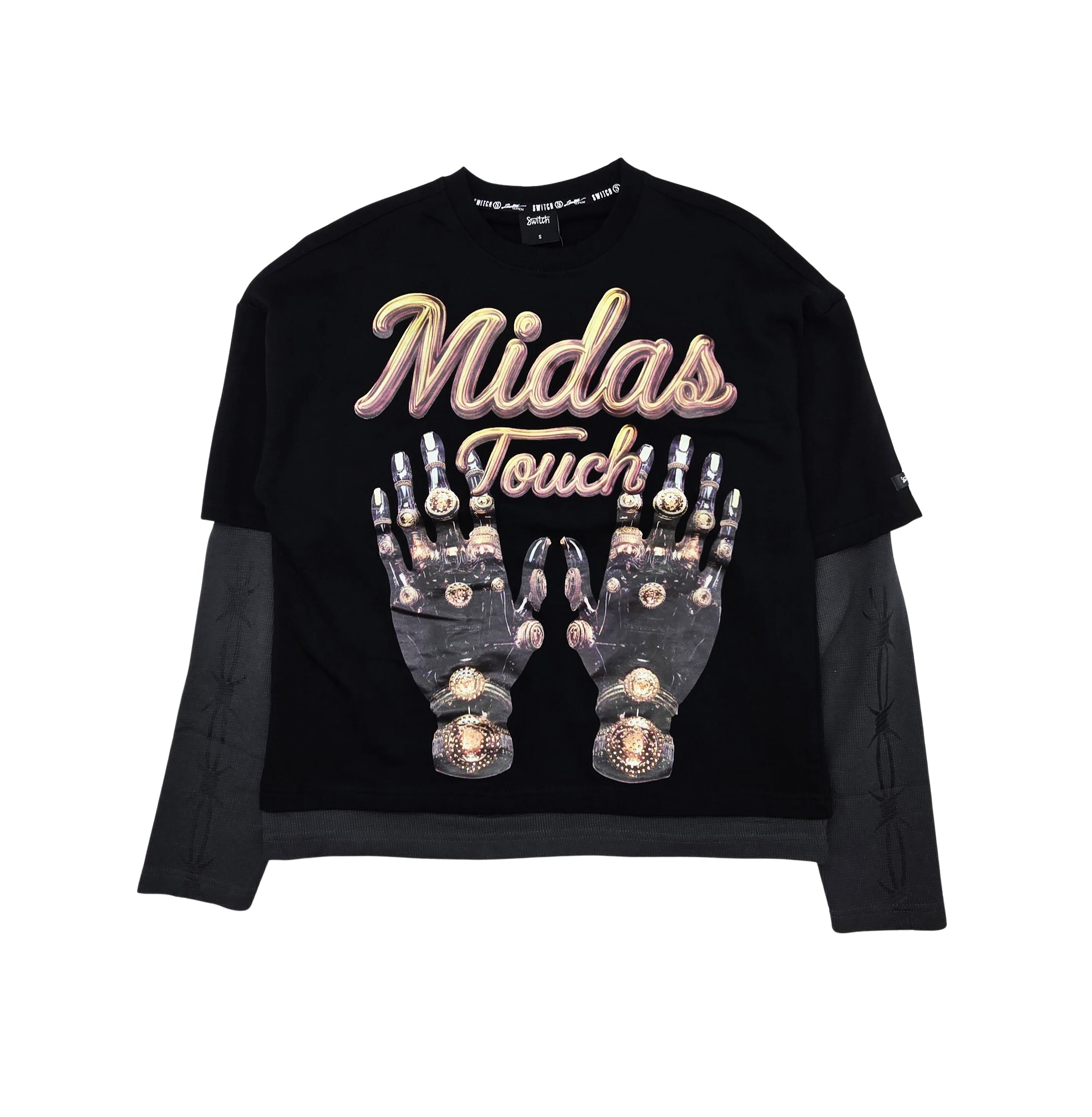 SWITCH MEN'S LONG SLEEVE RHINESTONE MIDAS TOUCH GRAPHIC T-SHIRT (BLACK)