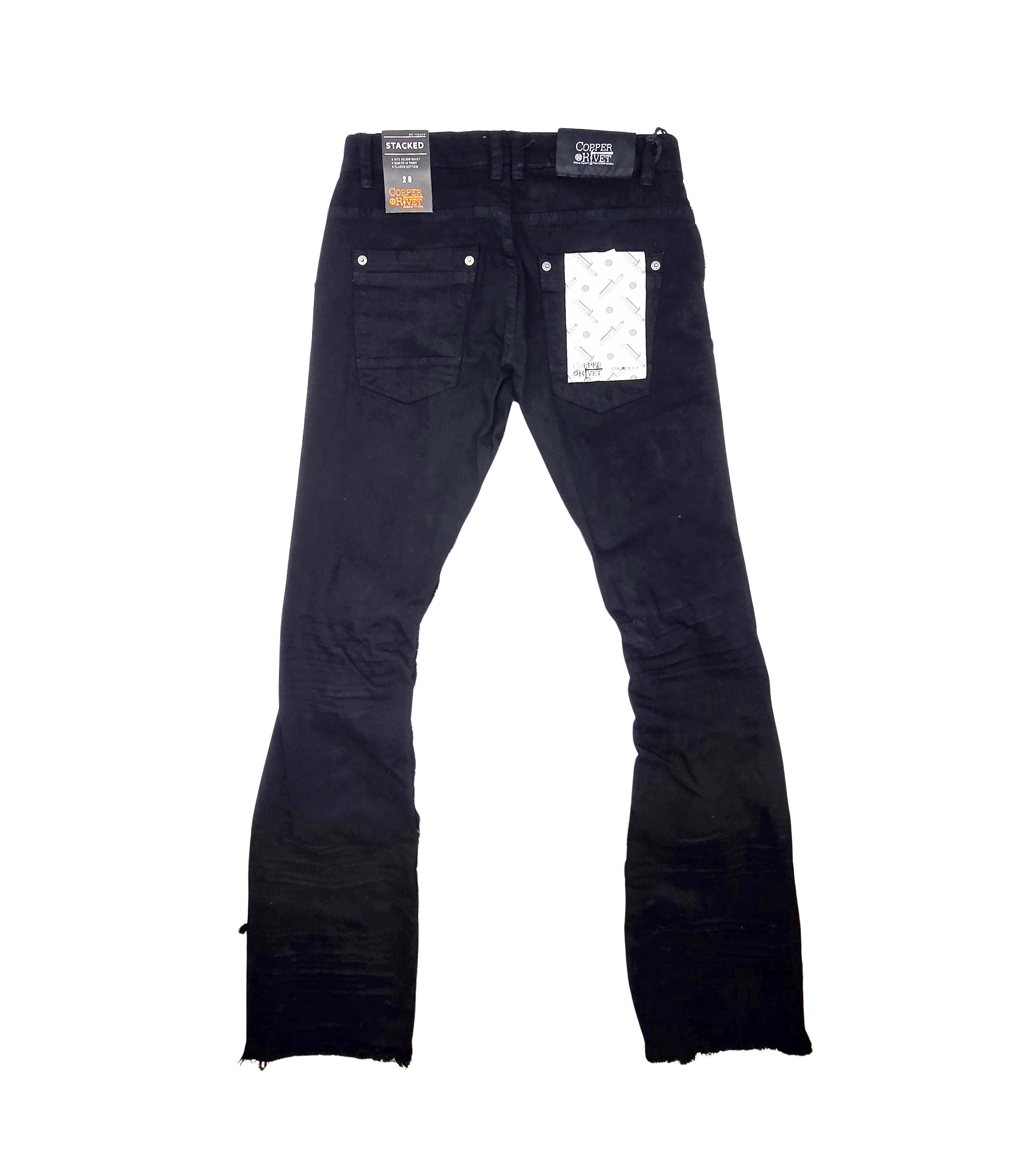 COPPER RIVET MEN'S DENIM SLIM FIT STACKED FLARED RIPPED JEANS (JET BLACK)